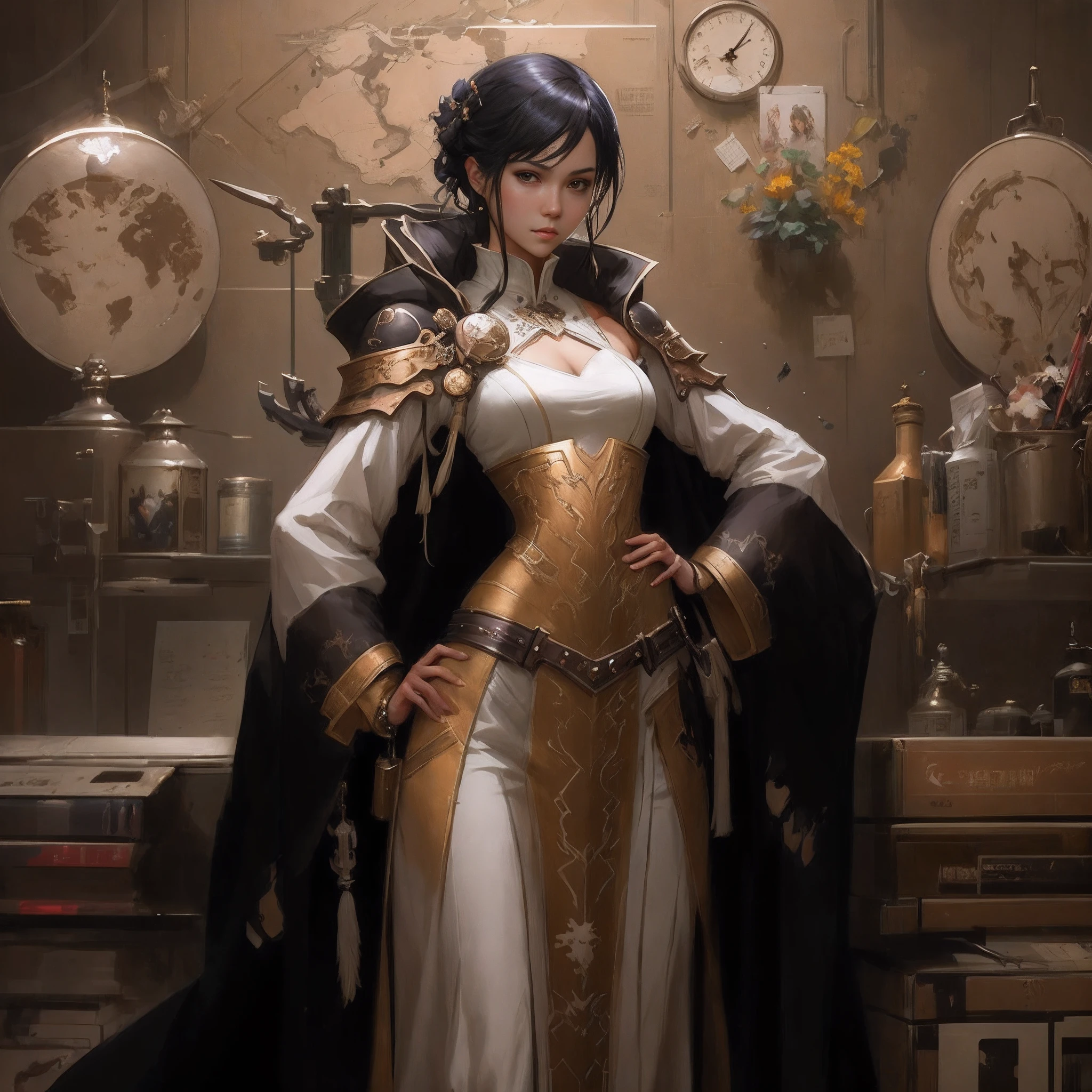 there is a woman in a costume standing in front of a wall, wlop and krenz cushart, ross tran and wlop, krenz cushart and wenjun lin, guweiz masterpiece, ross tran 8 k, wlop and ross tran, wlop art, chengwei pan on artstation, award winning concept artist, art of wlop