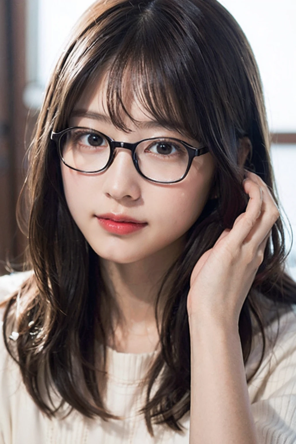 (8K、Raw photography、top-quality、masterpiece:1.2)、(realisitic、Photorealsitic:1.37)、ultra-detailliert、超A high resolution、1人、see the beholder、beautifull detailed face、A smile、Constriction、(Slim waist) :1.3)、Light colored clothes、Beautiful detailed skin、Skin Texture、Floating hair、Professional Lighting、girl's own room、Black-rimmed square glasses、Whole human body、Brown hair