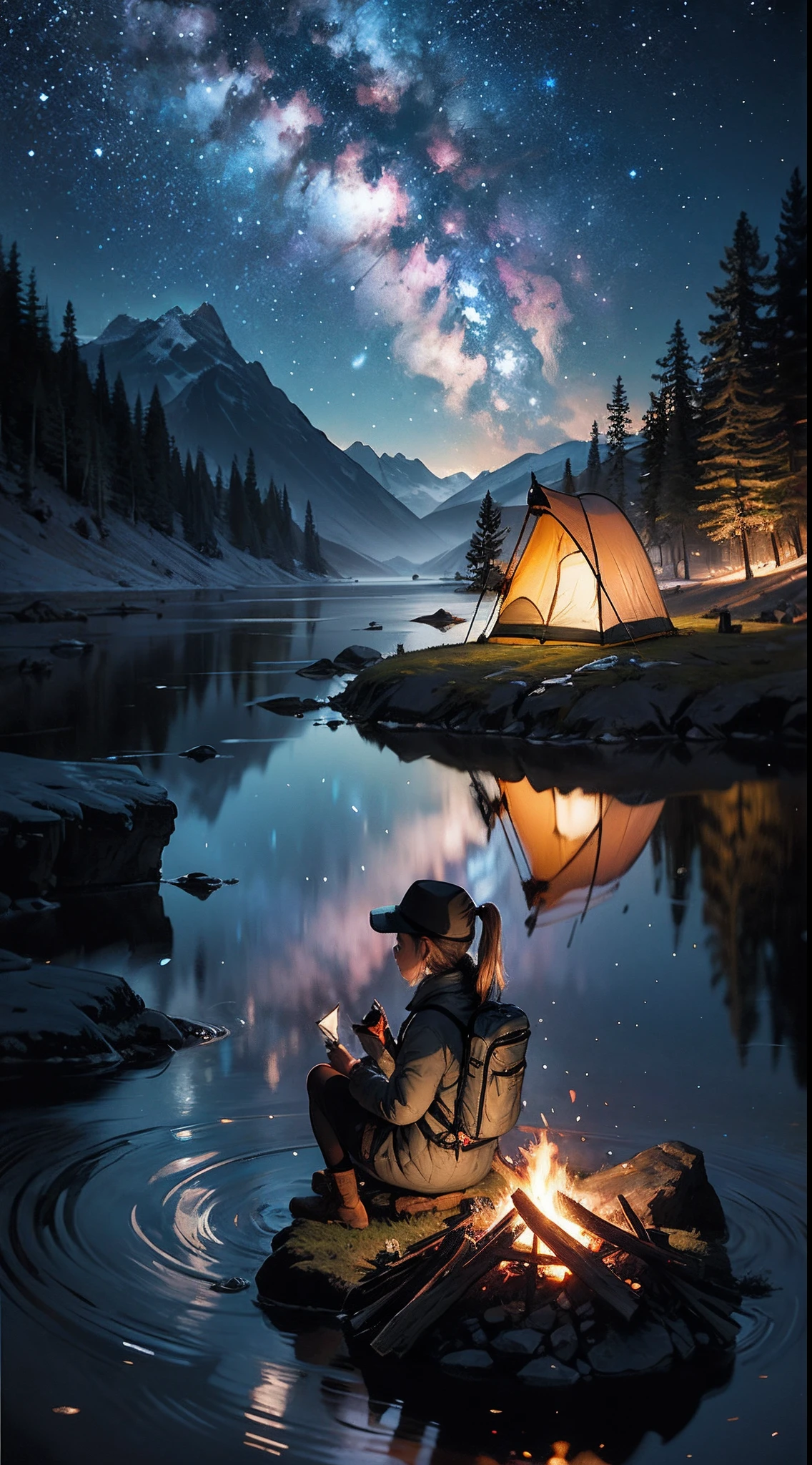 masterpiece, best quality, ultra-detailed, illustration, 1girl, solo, outdoors, camping, night, mountains, nature, stars, moon, bonfire, tent, twin ponytails, green eyes, cheerful, happy, backpack, sleeping bag, camping stove, water bottle, mountain boots, gloves, sweater, hat, flashlight, forest, rocks, river, wood, smoke, shadows, contrast, clear sky, constellations, Milky Way, peaceful, serene, quiet, tranquil, remote, secluded, adventurous, exploration, escape, independence, survival, resourcefulness, challenge, perseverance, stamina, endurance, observation, intuition, adaptability, creativity, imagination, artistry, inspiration, beauty, awe, wonder, gratitude, appreciation, relaxation, enjoyment, rejuvenation, mindfulness, awareness, connection, harmony, balance, texture, detail, realism, depth, perspective, composition, color, light, shadow, reflection, refraction, tone, contrast, foreground, middle ground, background, naturalistic, figurative, representational, impressionistic, expressionistic, abstract, innovative, experimental, unique
