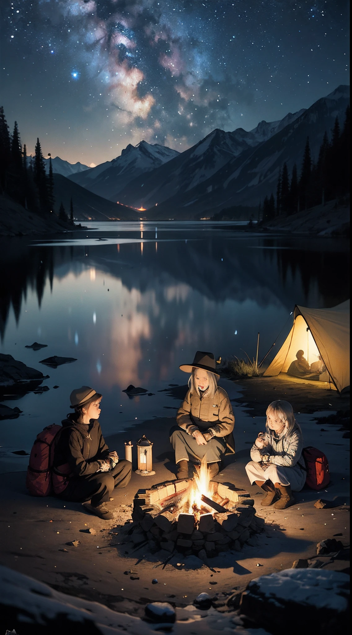 masterpiece, best quality, ultra-detailed, illustration, 1girl, solo, outdoors, camping, night, mountains, nature, stars, moon, bonfire, tent, twin ponytails, green eyes, cheerful, happy, backpack, sleeping bag, camping stove, water bottle, mountain boots, gloves, sweater, hat, flashlight, forest, rocks, river, wood, smoke, shadows, contrast, clear sky, constellations, Milky Way, peaceful, serene, quiet, tranquil, remote, secluded, adventurous, exploration, escape, independence, survival, resourcefulness, challenge, perseverance, stamina, endurance, observation, intuition, adaptability, creativity, imagination, artistry, inspiration, beauty, awe, wonder, gratitude, appreciation, relaxation, enjoyment, rejuvenation, mindfulness, awareness, connection, harmony, balance, texture, detail, realism, depth, perspective, composition, color, light, shadow, reflection, refraction, tone, contrast, foreground, middle ground, background, naturalistic, figurative, representational, impressionistic, expressionistic, abstract, innovative, experimental, unique