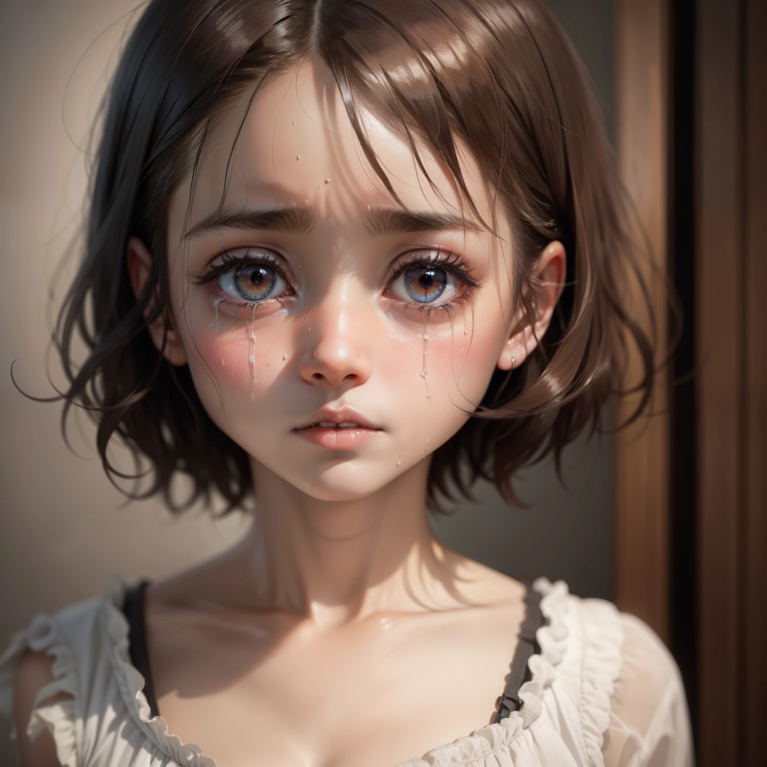 Girl with big eyes、Realistic as a photo、She's crying with tears、Each strand of hair is realistically expressed、short-hair、disheveled hair、