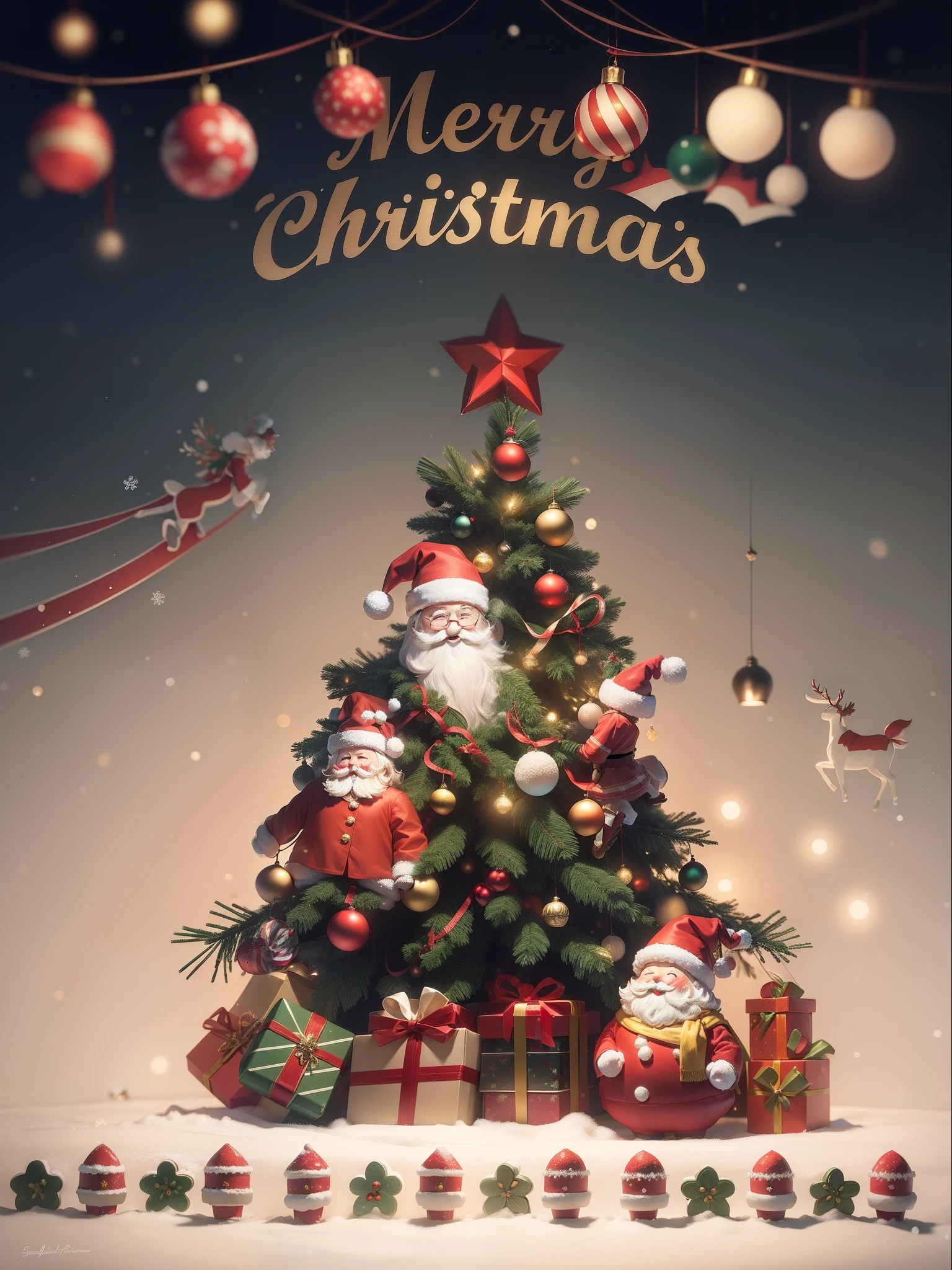 Imagine that,This Santa Claus poster is full of joy and warmth。Santa Claus is portrayed vividly,He wears a red coat、Red hat and white beard,Holding a bag full of gifts。
The background is a snow-white winter landscape,Snowflakes fall on lovely cottages in the forest,The interior of the house emits a warm glow through the light from the windows。The pine trees next to the cottage are covered with shining lights and Christmas decorations,Make the whole scene more dazzling。
There is also a group of happy children in the picture,They are looking forward to the arrival of Santa Claus。They wear brightly colored clothes,With a smile on your face,Christmas stockings and gift box in hand。
The whole poster gives warmth、Feelings of joy and well-being,As if the magic of Christmas accompanied the arrival of Santa Claus,It brings endless joy and blessings to people。
Let's celebrate this special holiday together,Share joy and love with family and friends!
