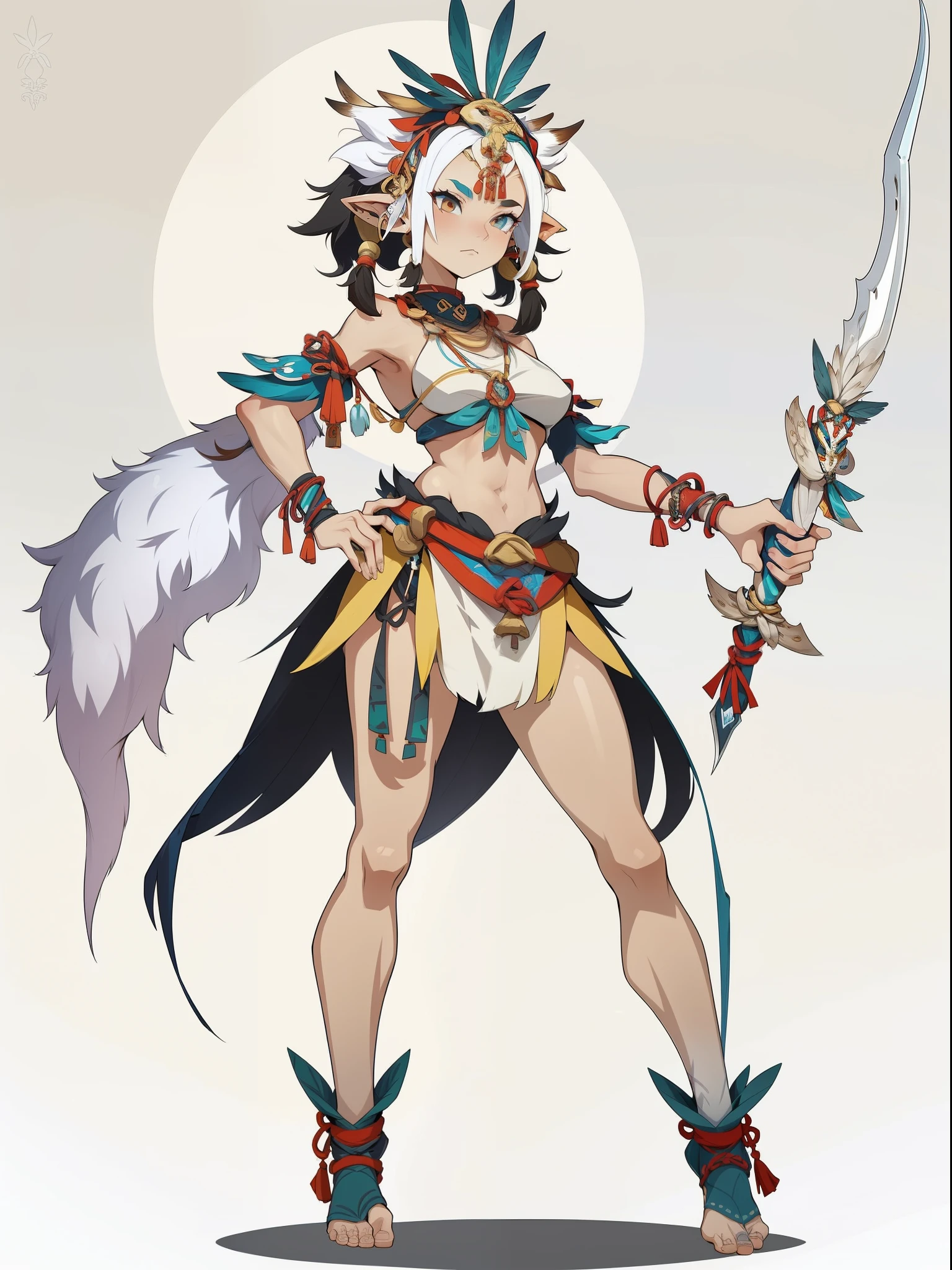 1girll ，1girll，(独奏)，full bodyesbian，European and American cartoon design，Primitive tribal elements，standing on your feet，Holding a weapon，feater，Simple white background