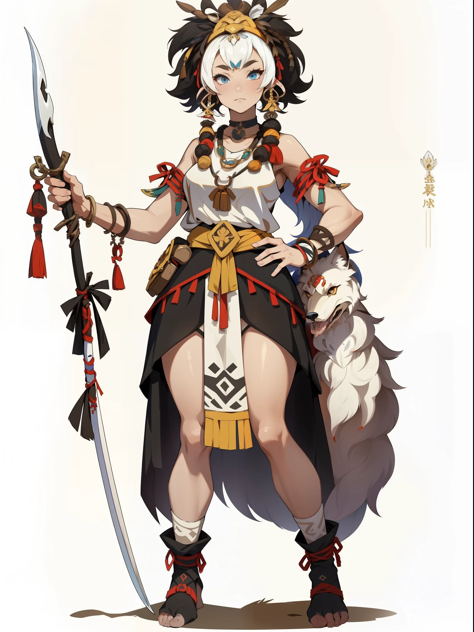 1girll ，1girll，(独奏)，full bodyesbian，European and American cartoon design，Primitive tribal elements，standing on your feet，Holding a weapon，feater，Simple white background