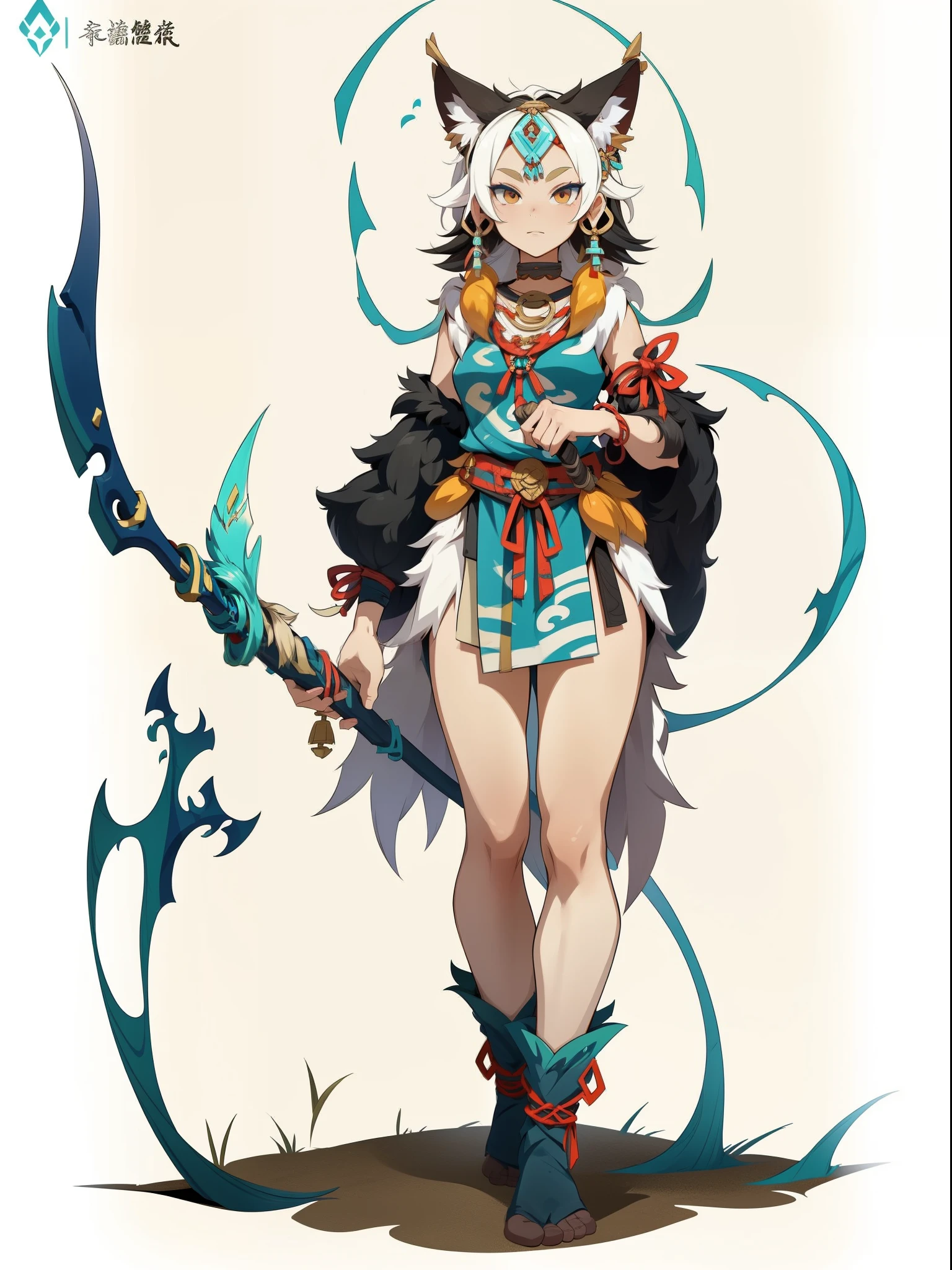 1girll ，1girll，(独奏)，full bodyesbian，European and American cartoon design，Primitive tribal elements，standing on your feet，Holding a weapon，feater，Simple white background