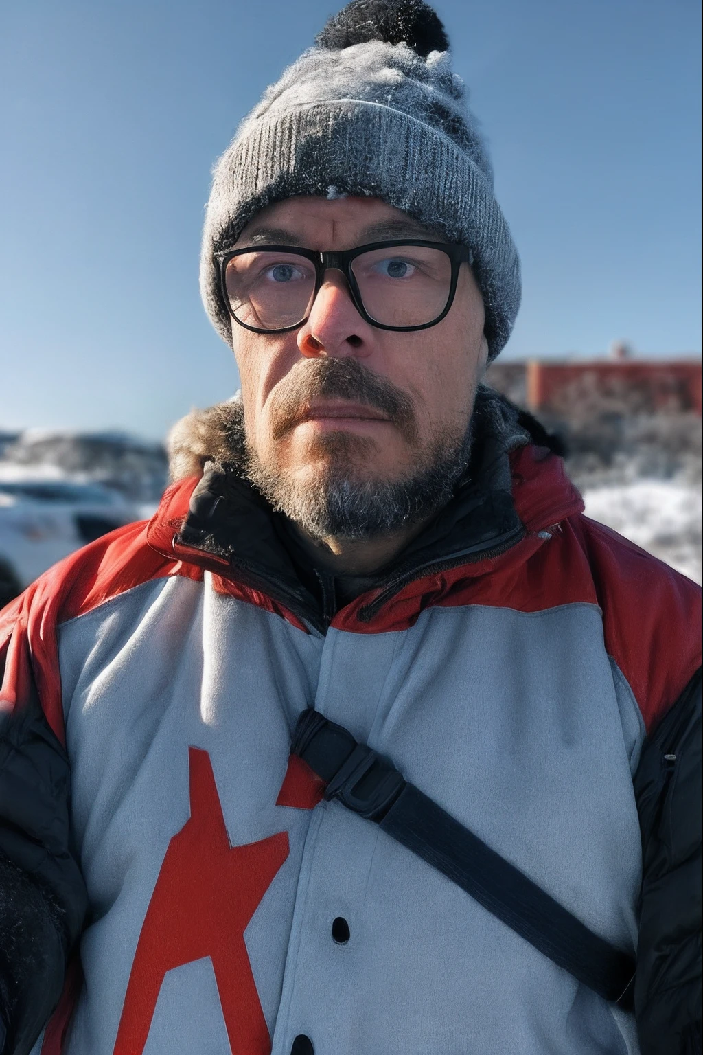 A hyper-realistic scene with a man wearing glasses;, Dress in thick Eskimo clothes. His face is detailed, displaying the effects of extreme cold with an icy appearance. He has his arms crossed and wears thick gloves to protect against the cold cold. The scenery is snowy, Icy city where it's actively snowing. Essa cena hiper-realista, captured in ultra-high definition (8k), depicts the intense cold and hardships faced in this icy Arctic environment.