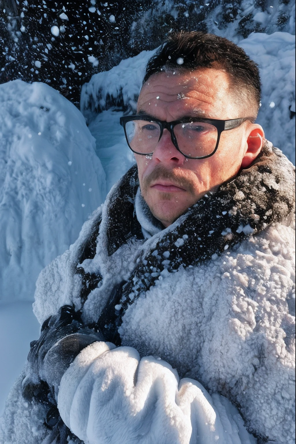 A hyper-realistic scene with a man wearing glasses;, Dress in thick Eskimo clothes. His face is detailed, displaying the effects of extreme cold with an icy appearance. He has his arms crossed and wears thick gloves to protect against the cold cold. The scenery is snowy, Icy city where it's actively snowing. Essa cena hiper-realista, captured in ultra-high definition (8k), depicts the intense cold and hardships faced in this icy Arctic environment.