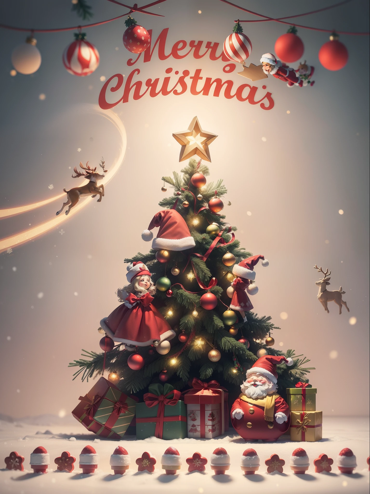 Imagine that,This Santa Claus poster is full of joy and warmth。Santa Claus is portrayed vividly,He wears a red coat、Red hat and white beard,Holding a bag full of gifts。
The background is a snow-white winter landscape,Snowflakes fall on lovely cottages in the forest,The interior of the house emits a warm glow through the light from the windows。The pine trees next to the cottage are covered with shining lights and Christmas decorations,Make the whole scene more dazzling。
There is also a group of happy children in the picture,They are looking forward to the arrival of Santa Claus。They wear brightly colored clothes,With a smile on your face,Christmas stockings and gift box in hand。
The whole poster gives warmth、Feelings of joy and well-being,As if the magic of Christmas accompanied the arrival of Santa Claus,It brings endless joy and blessings to people。
Let's celebrate this special holiday together,Share joy and love with family and friends!