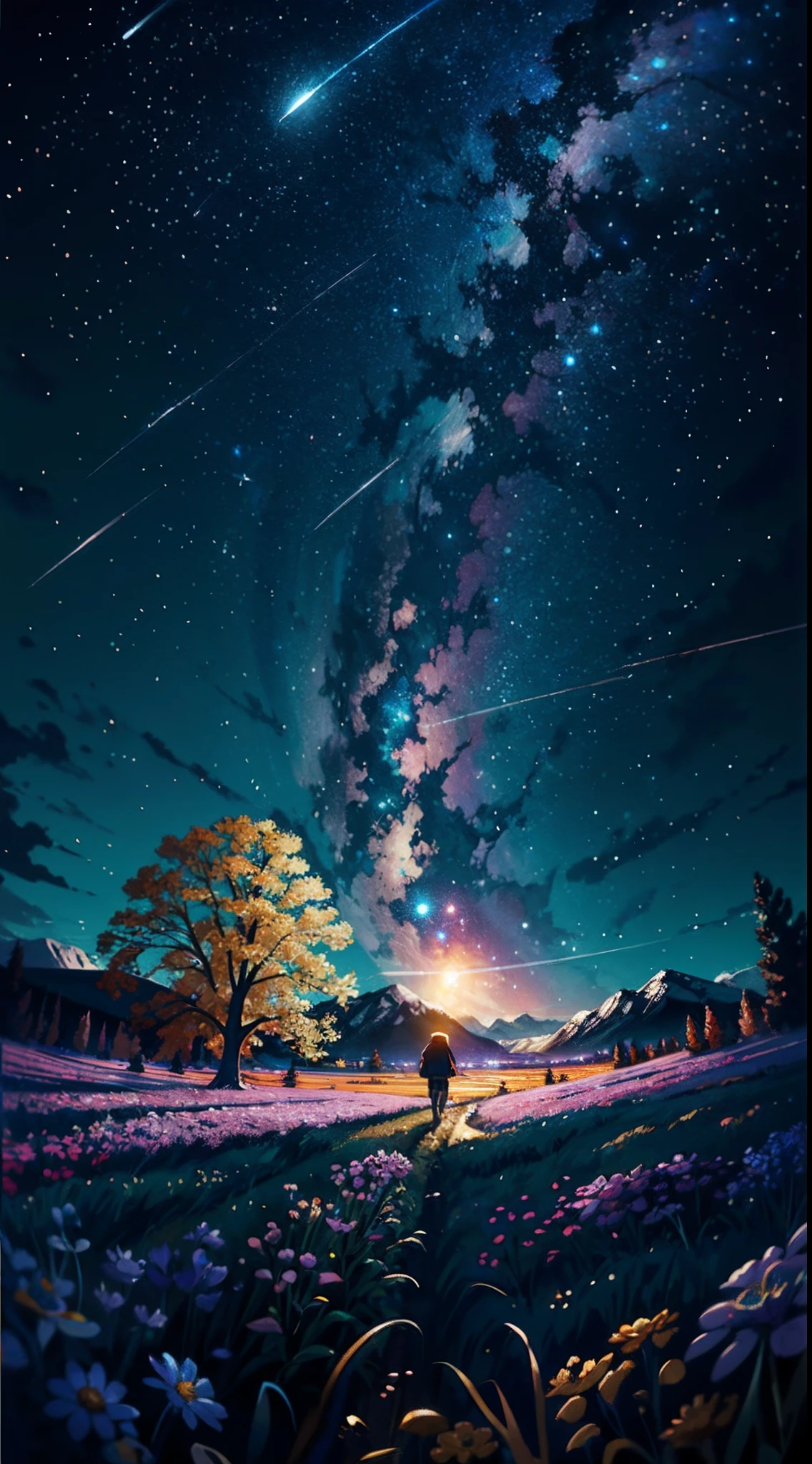 Expansive landscape photograph, (view from below with a view of the sky and the wilderness below), girl standing in a flower field looking up, (full moon: 1.2), (shooting star: 0.9), (nebula: 1.3), distant mountain, tree break production art, (warm light source: 1.2), (firefly: 1.2), lamp, purple and orange, intricate detail, volume lighting BREAK (masterpiece: 1.2), (highest quality ), 4k, ultra-detailed, (dynamic configuration: 1.4), highly detailed and colorful details (iridescent: 1.2), (sparkling lighting, atmospheric lighting), dreamy, magical, (solo: 1.2)