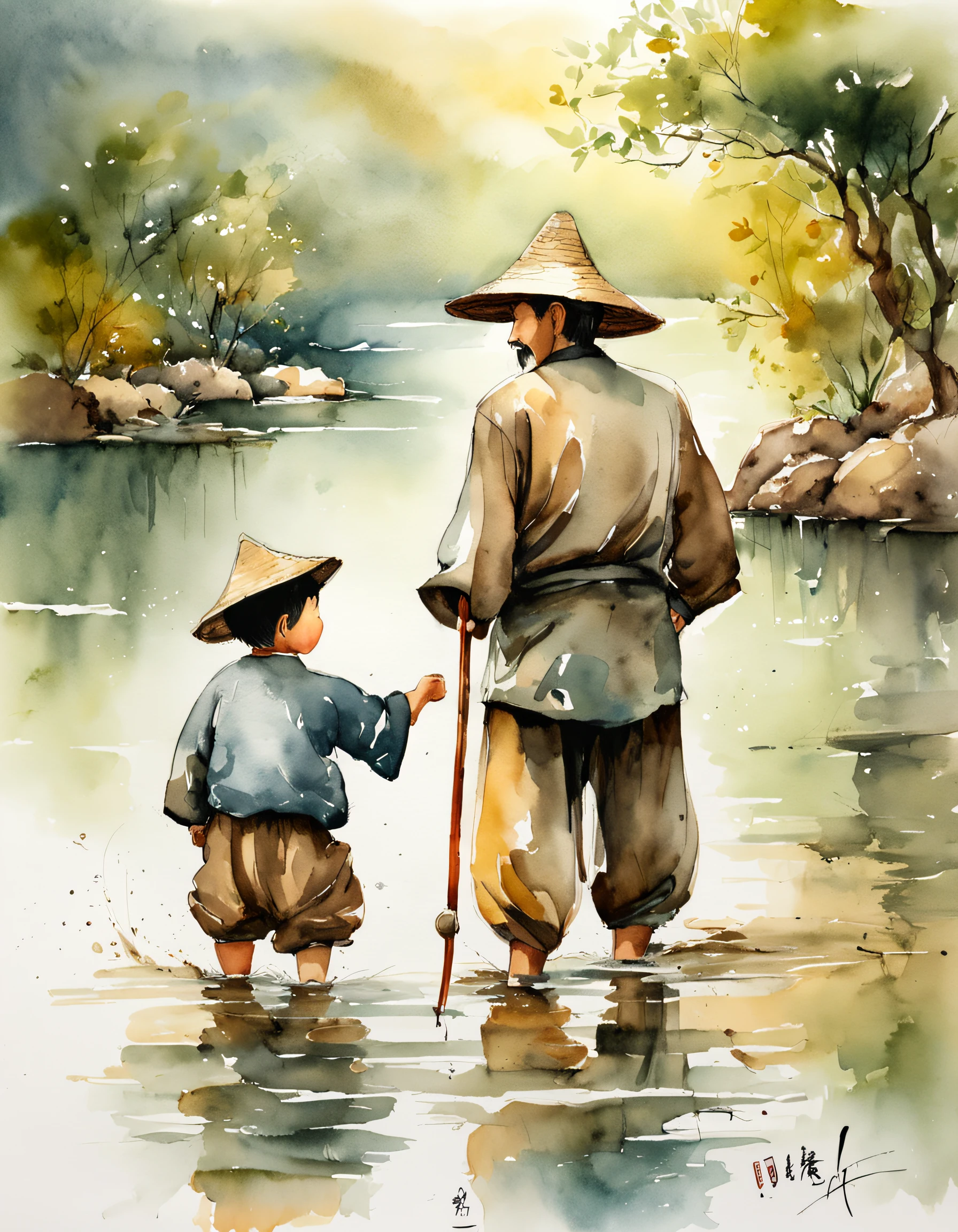 a father and son fishing, Chinese ink brush