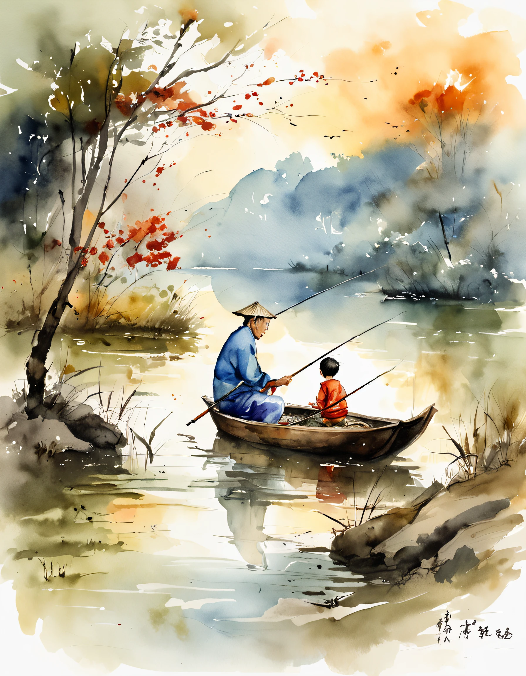 a father and son fishing, Chinese ink brush