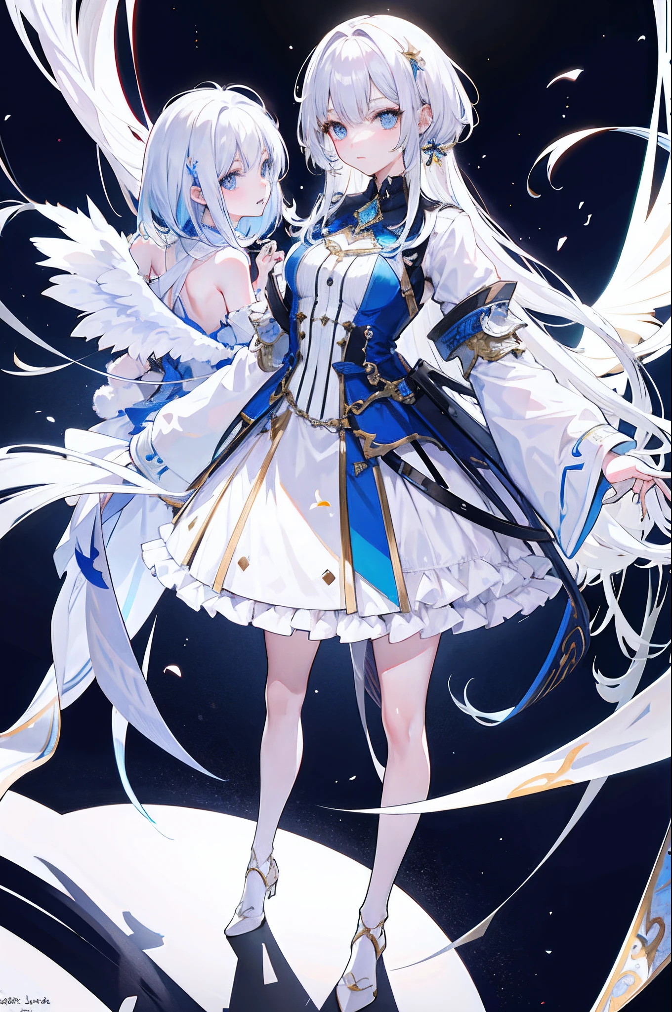 ((8k,best qualtiy)))ung girls, Role table, concept-art, full bodyesbian, (Best images:1.2), (best qualtiy:1.3), 1 rapariga, standing on your feet, long whitr hair,angelicales,white color hair,