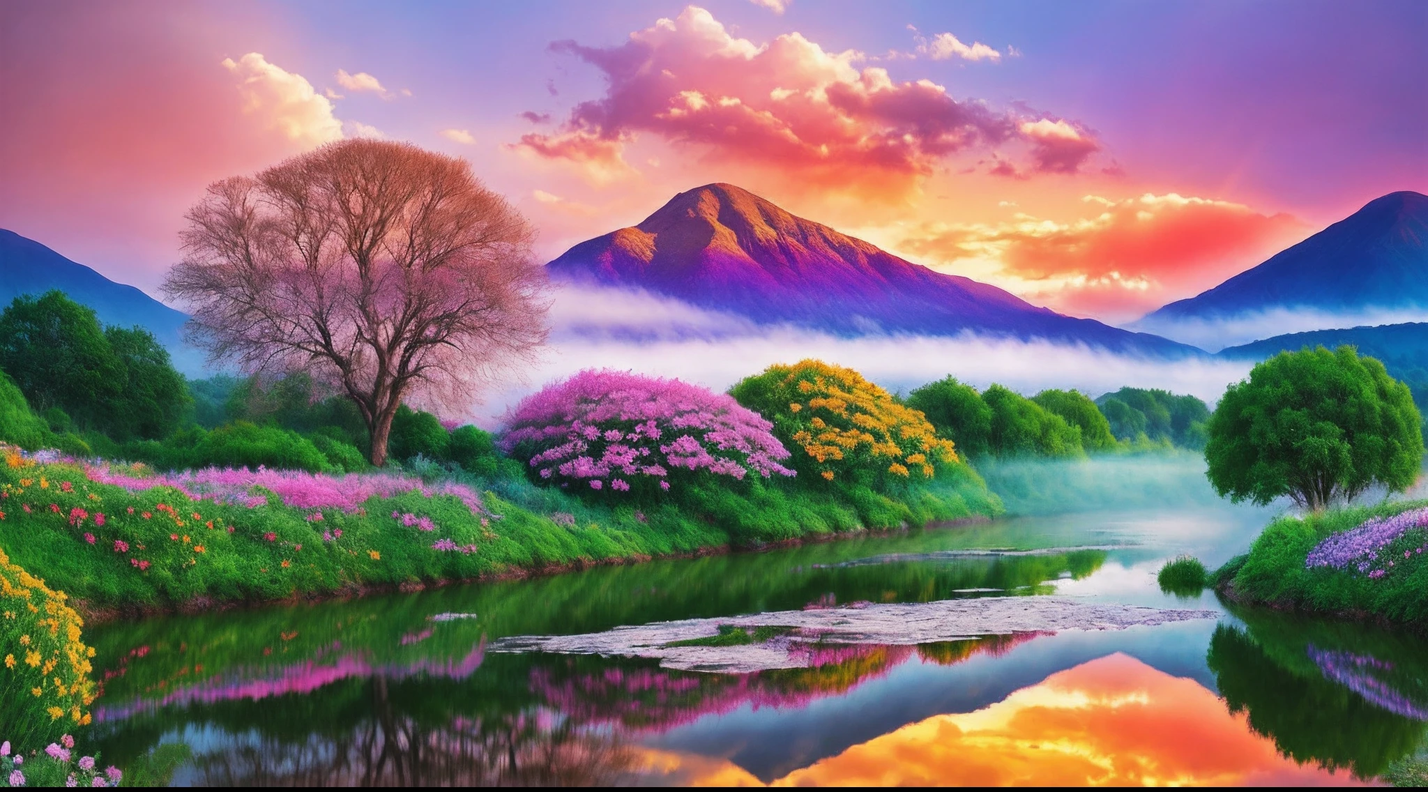 Gorgeous surrealistic landscape with a dreamy atmosphere, featuring a majestic tree in the center, surrounded by a beautiful river, misty mountains, and vibrant flowers. The scene is illuminated by a warm and soft light that wraps the trees and flowers in a delicate glow. Add in a rainbow-colored sky with fluffy clouds and a hint of fantasy elements.