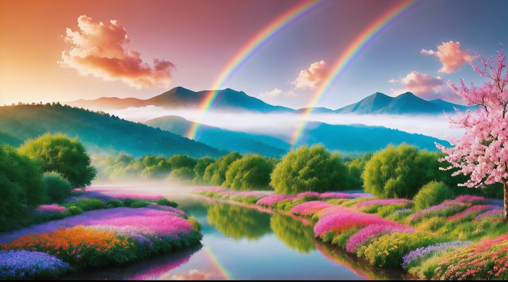 Gorgeous surrealistic landscape with a dreamy atmosphere, featuring a majestic tree in the center, surrounded by a beautiful river, misty mountains, and vibrant flowers. The scene is illuminated by a warm and soft light that wraps the trees and flowers in a delicate glow. Add in a rainbow-colored sky with fluffy clouds and a hint of fantasy elements.