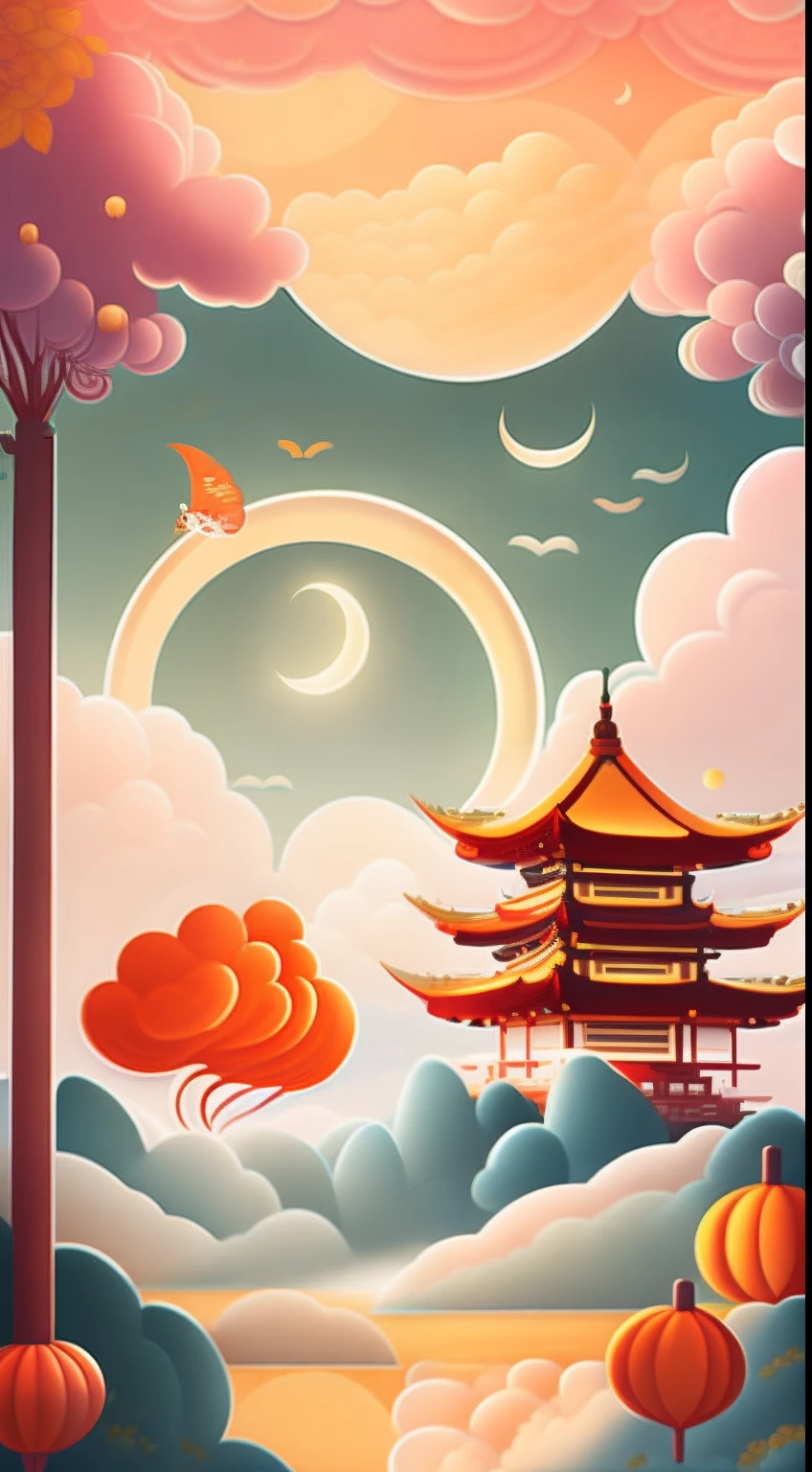 Art is commercial illustration，The theme is the Mid-Autumn Festival poster。The background is a scene of the moon and the moon palace，There are lanterns flying outside the moon。The center area of the picture is centered and typeset，The main body is Jade Rabbit making mooncakes。Wine decoration，laurel、mont、Eau、Clouds and other details decorated，rzminjourney，vectorial art