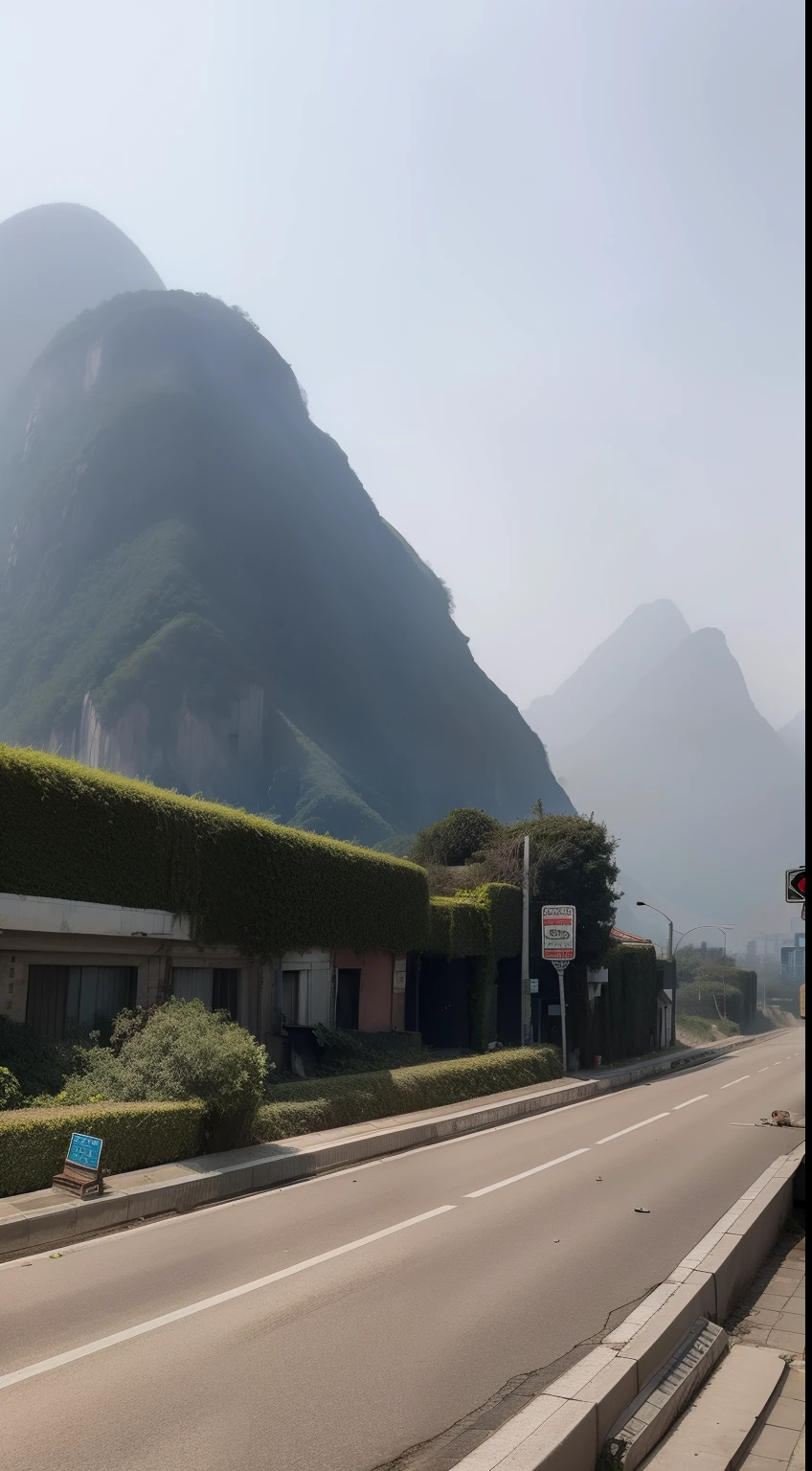 Eschatological,haze,Noon time,The city is dilapidated,The walls are covered with plants,There are many damaged cars on the road,There is a big mountain in the distance