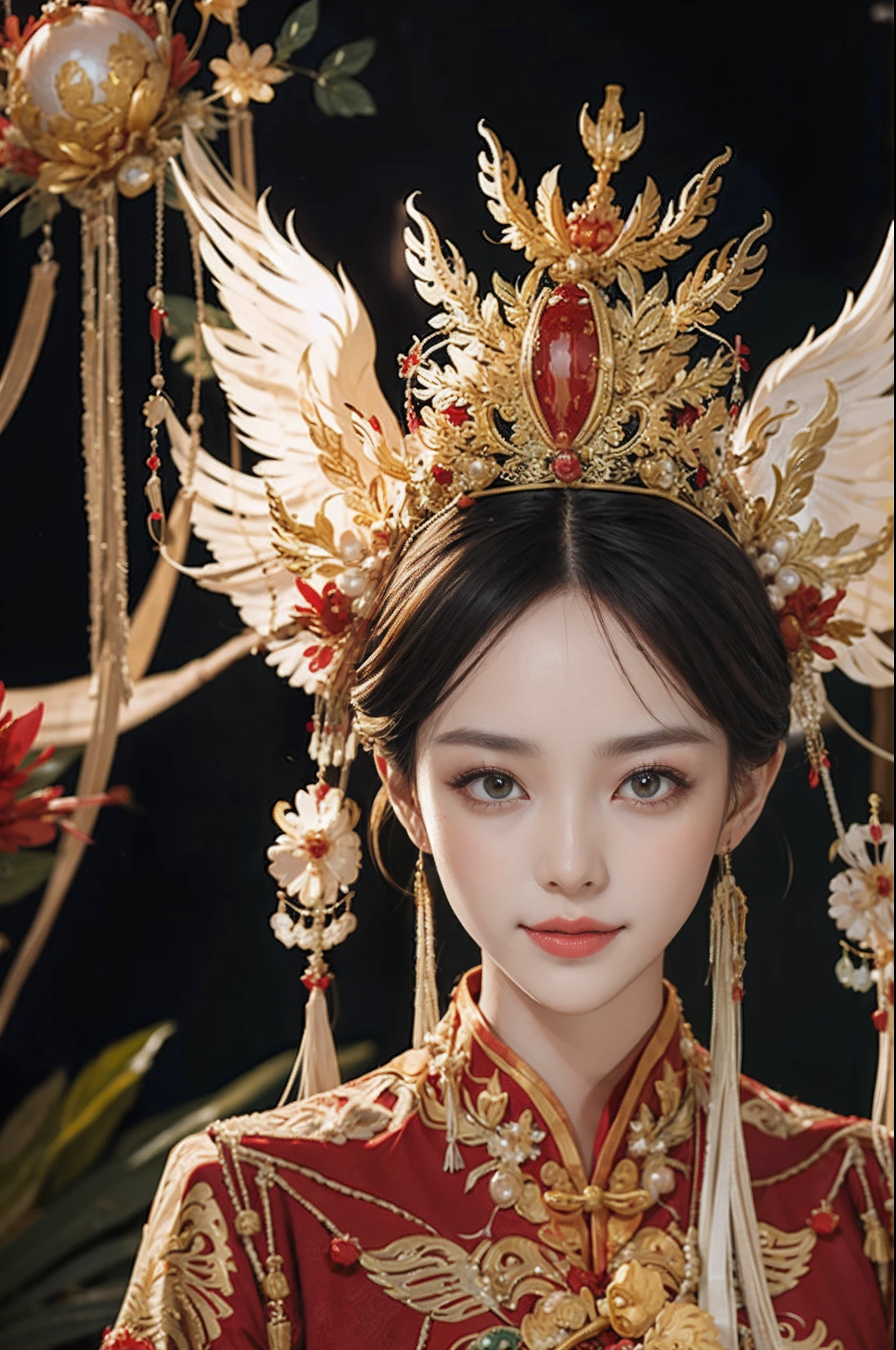 Palace,The princess got married,Hanfu bride,Golden Phoenix Crown,(Pearl cloud shoulder),Pearl tassels,Red and green hanfu,Solemn,orthofacial,A beautyful girl,Beautiful facial features,Smooth and delicate skin,skin detailed,largeeyes,Eyelash detailing,She has bright eyes,She wears a phoenix crown on her head,Wearing red and green Chinese clothing,k hd,higher details,movie picture quality