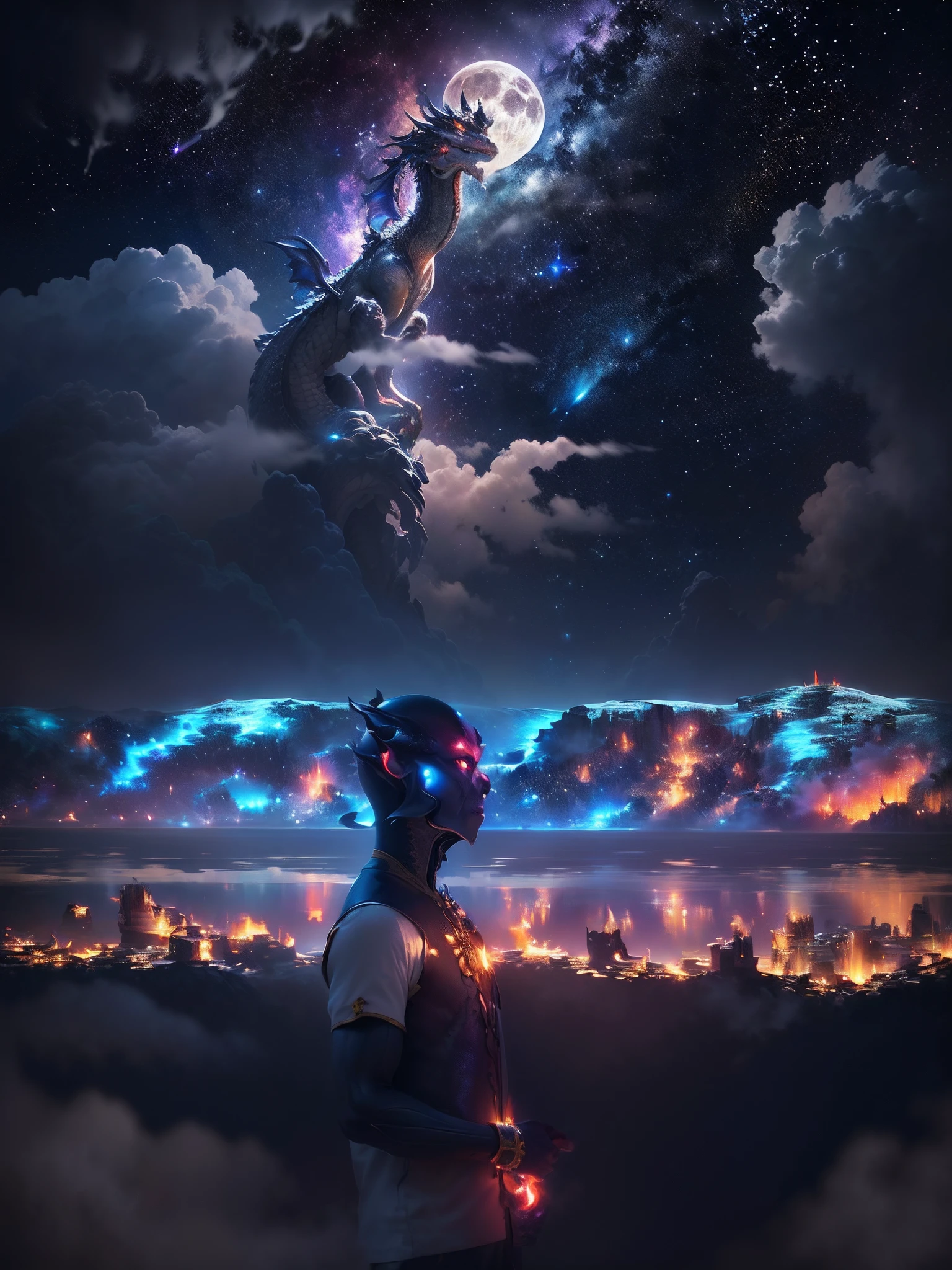 (Ying Dragon God), (Through the Clouds), (Top of the Mountains), (Complex), (Super Detail), (Starry Sky Background), (Stout Limbs), (Moon Night), (Ultra Clear), (Best Quality)