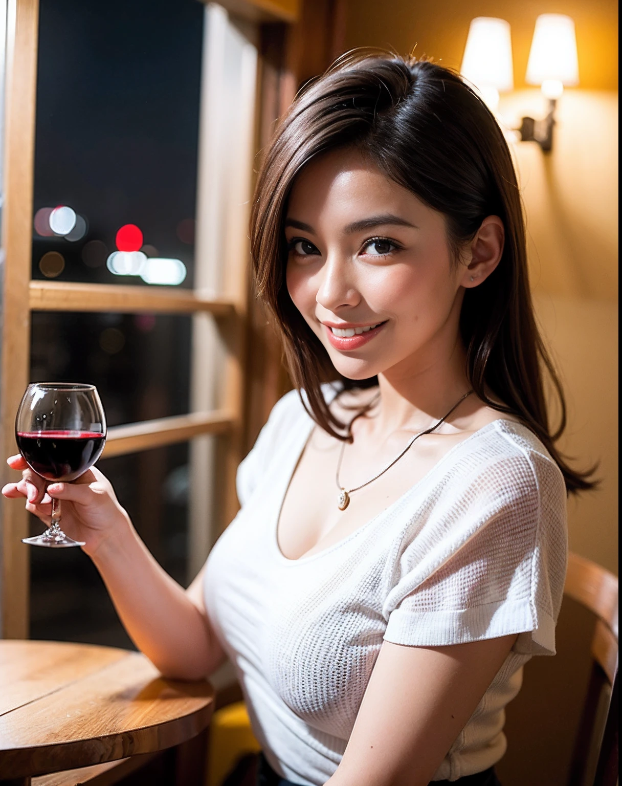(64K, UHD, top quality, masterpiece: 1.2), (realistic, photorealistic: 1.37), super detailed, pretty woman 1 person, (slim face), (slim body), (brown hair), (short cut), cheeks slightly blushing, (44 years old), 38 years old, solo, beautiful detailed urban night view outside the window, restaurant, wine glasses sit, at night, in a prominent placeNovaFrogStyle, Actress, Model, Waist Up, White Wine, Slim, Wine Glass, Super Clean Night View, Wine Glass Put in the Middle, Happy Smile, (Smile: 1.15), Beautiful Fine Eyes, Upper Body, Bust Japan Up, Night, Short, Short, Actress, Model, Waist Up, White Wine, Slim, Wine Glass, Super Clean Night View, Wine Glass Put in the Middle, Happy Smile,