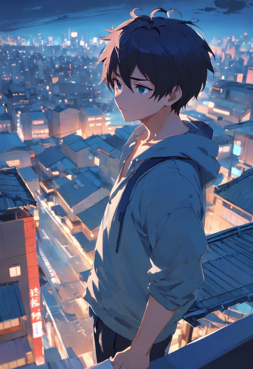 Guviz-style artwork, Guviz, Kawasi, Ross Tran style, High quality anime art style, Anime moe art style, Guweiz e Makoto Shinkai, Makoto Shinkai's style, Anime boy, Makoto shinkai style,Rooftop,Blue eyes,Men with short hair