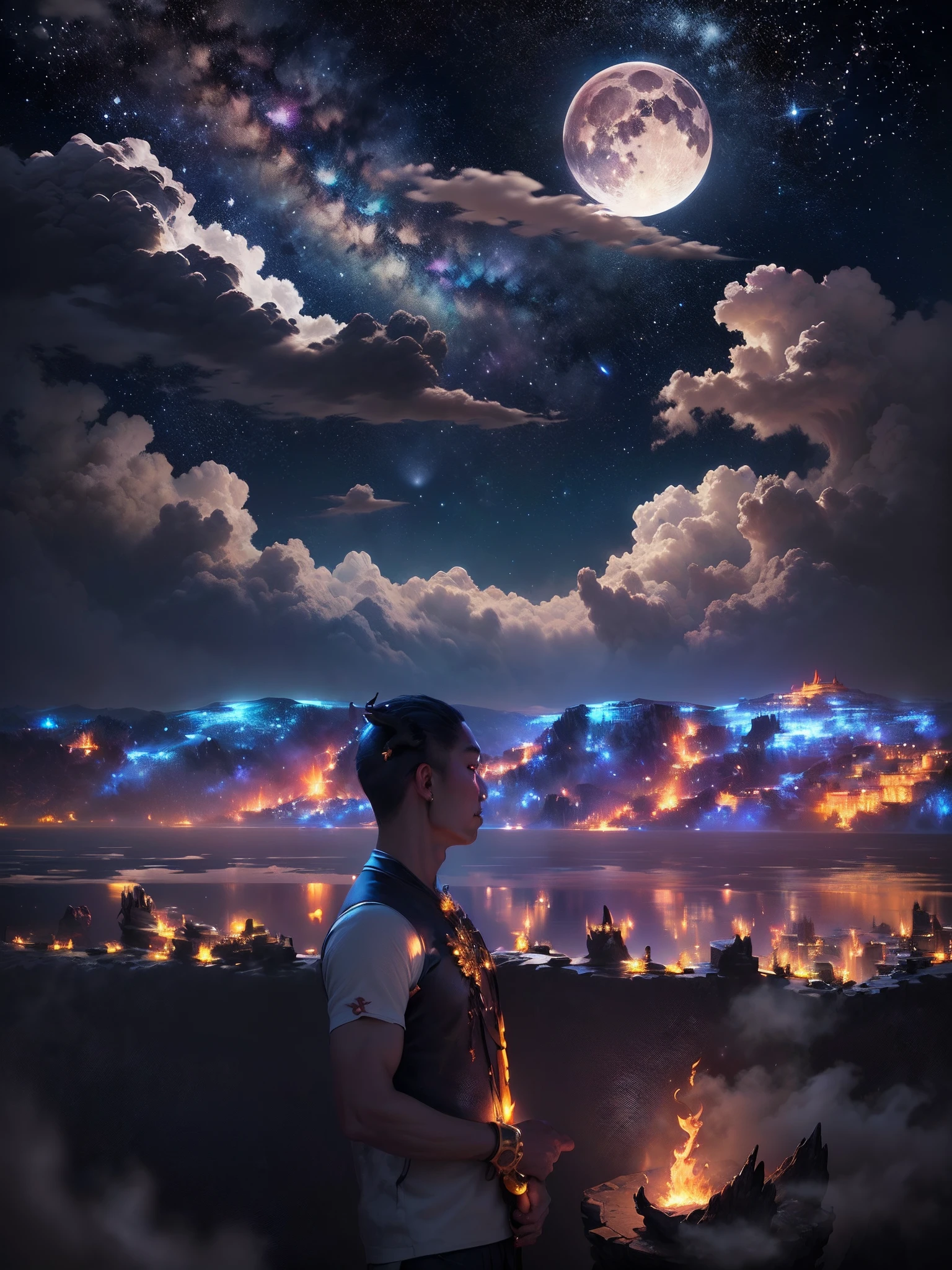 (Ying Dragon God), (Through the Clouds), (Top of the Mountains), (Complex), (Super Detail), (Starry Sky Background), (Stout Limbs), (Moon Night), (Ultra Clear), (Best Quality)