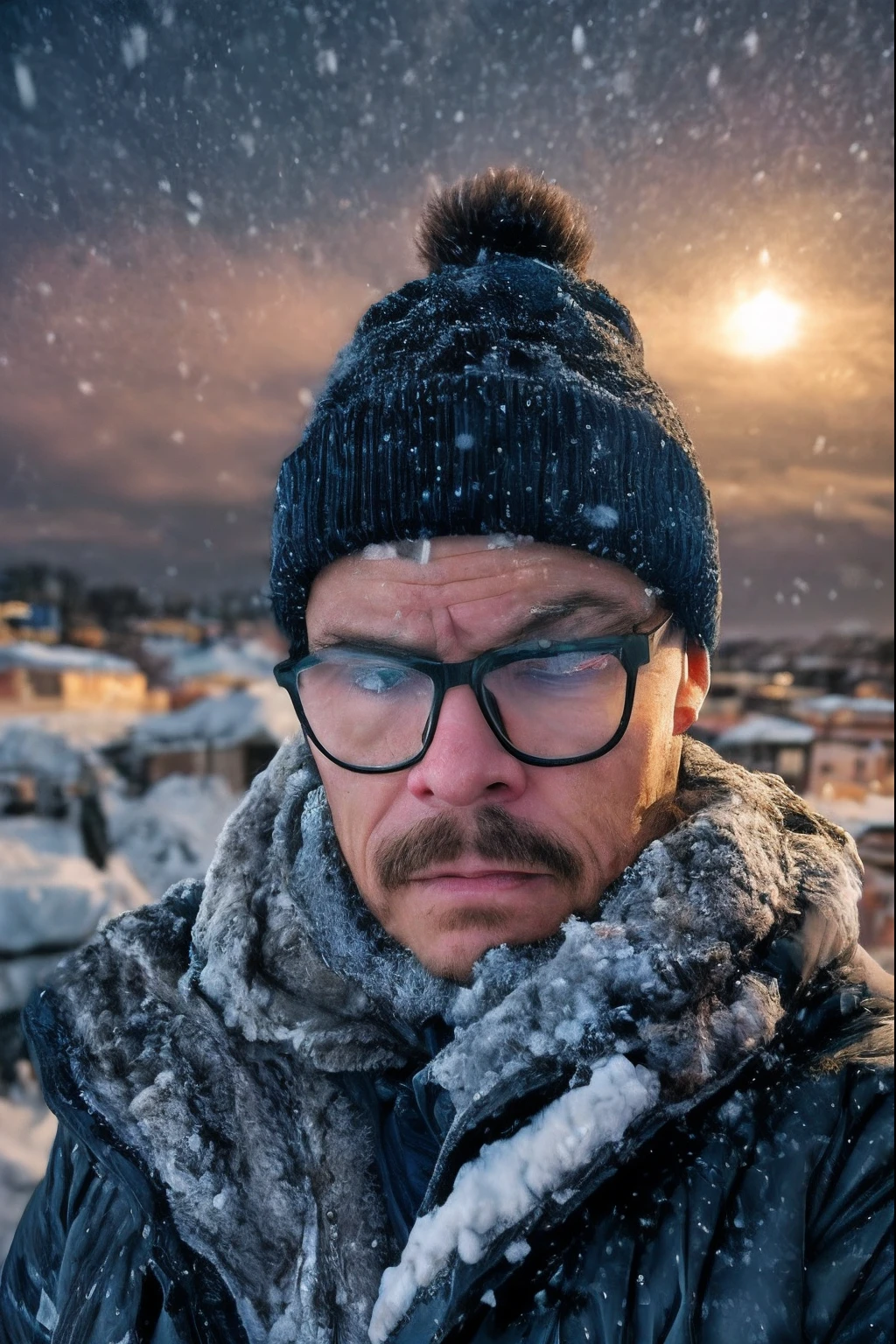 A hyper-realistic scene with a man wearing glasses;, Dress in thick Eskimo clothes. His face is detailed, displaying the effects of extreme cold with an icy appearance. He has his arms crossed and wears thick gloves to protect against the cold cold. The scenery is snowy, Icy city where it's actively snowing. Essa cena hiper-realista, captured in ultra-high definition (8k), depicts the intense cold and hardships faced in this icy Arctic environment.