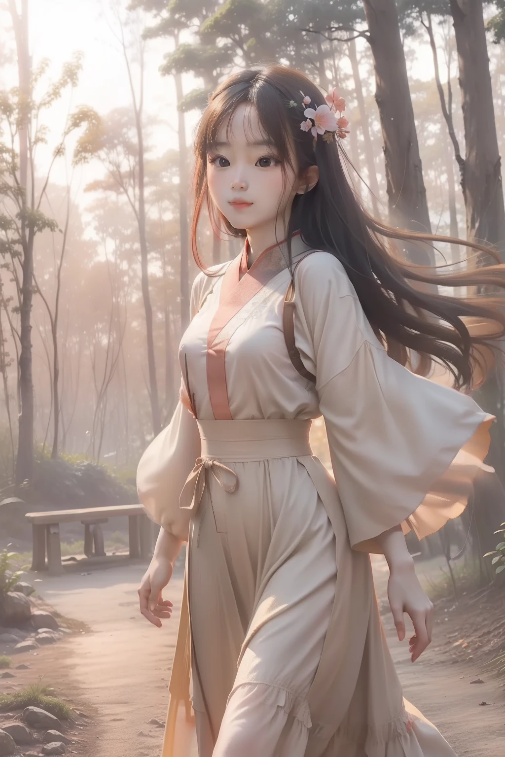 The sun shines in the forest，Fell on a -yeld Chse girl，The Tyndall effect was produced，The girl was dressed in Hanfu，It is mid-August，Girl with long hair and waist，Peach blossom eyes，Willow eyebrows，Dance