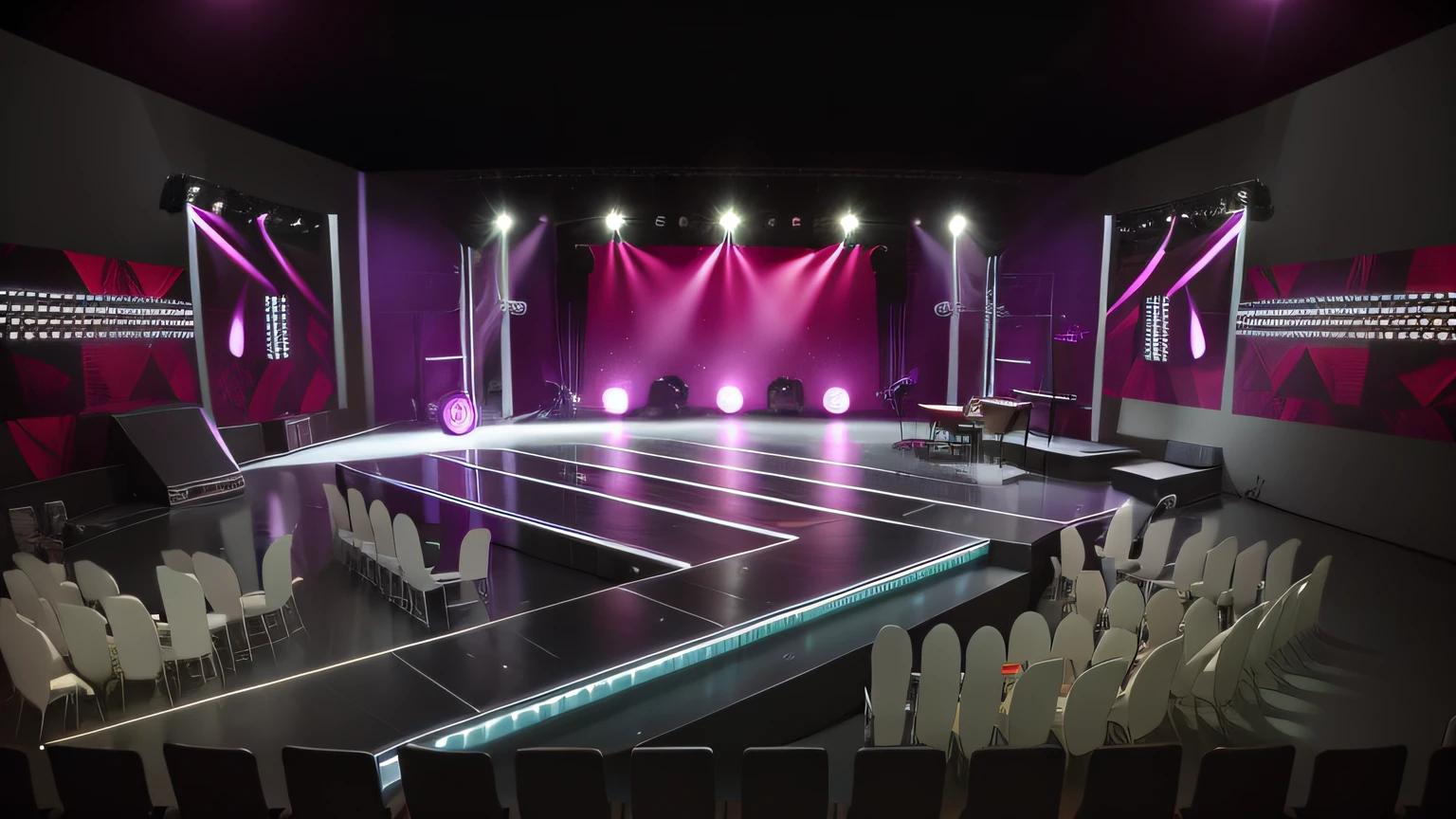 "Vibrant television stage with dynamic lighting, for musical performance."