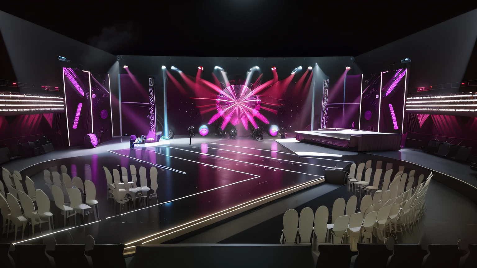 "Vibrant television stage with dynamic lighting, for musical performance."