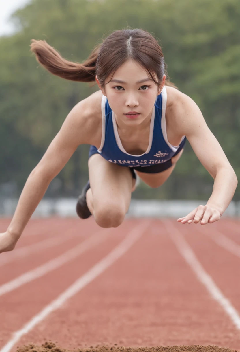 Japan Female Junior High School Students、Sandpit of the athletics stadium、Long jump、Athletics Uniforms、Very thin material、Flying aerial attitude、
