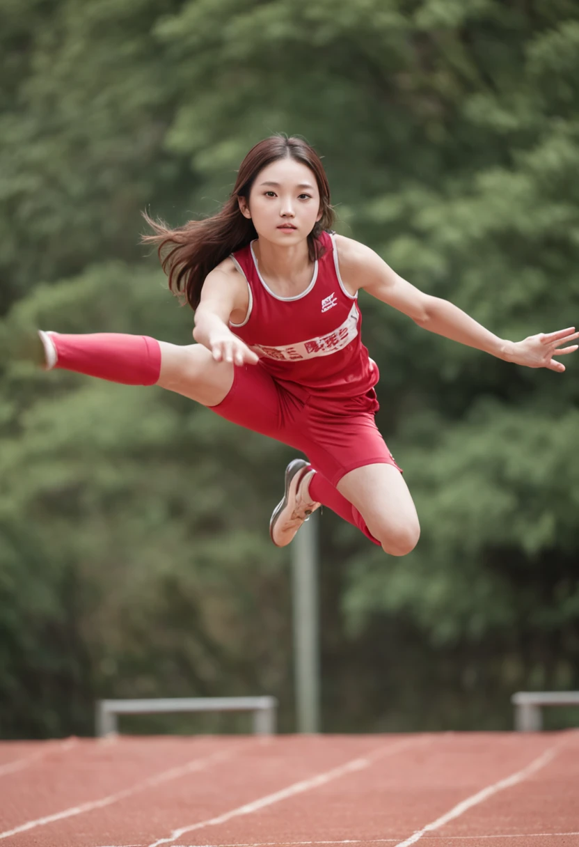 Japan Female Junior High School Students、Sandpit of the athletics stadium、Long jump、Athletics Uniforms、Very thin material、Flying aerial attitude、