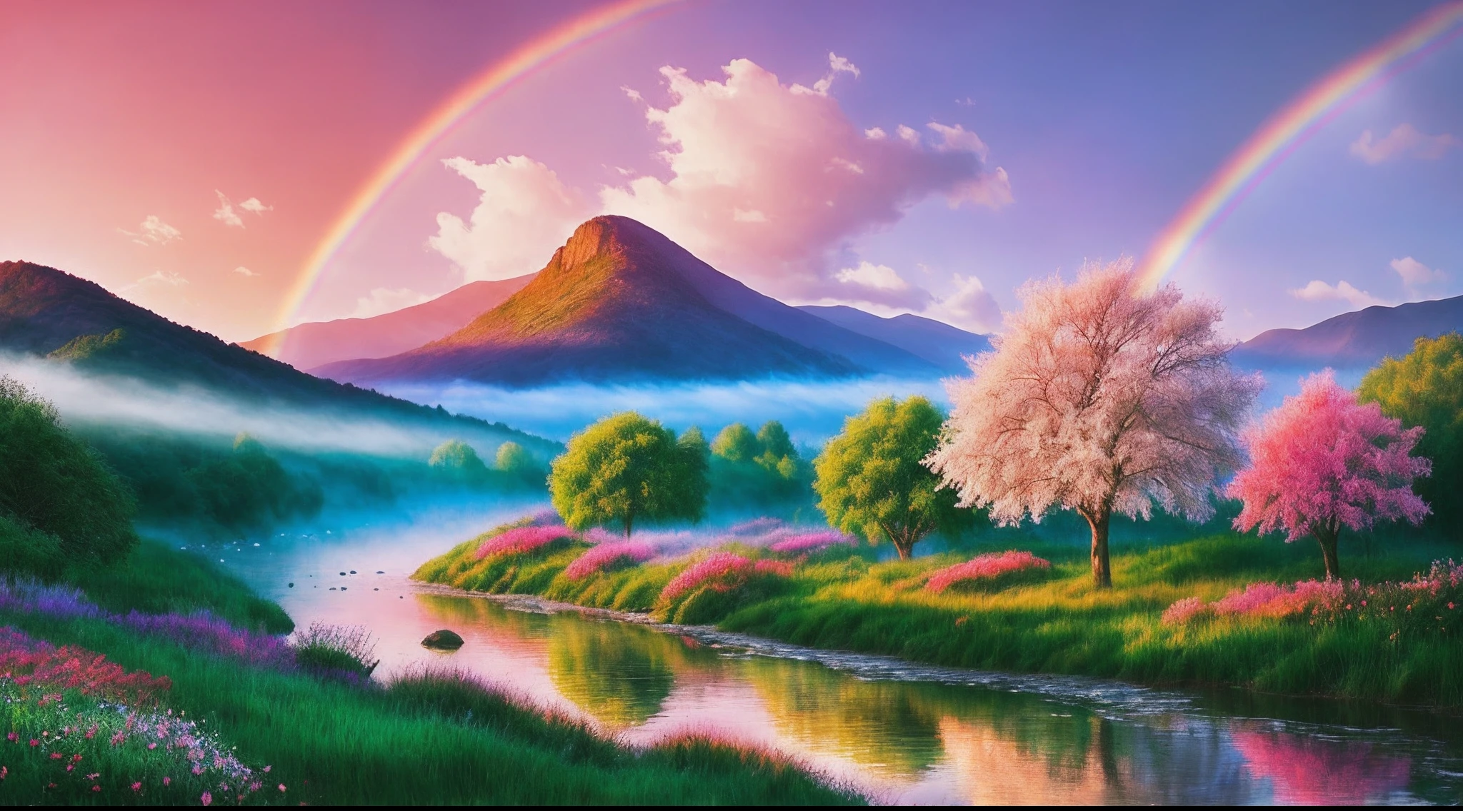 Gorgeous surrealistic landscape with a dreamy atmosphere, featuring a majestic tree in the center, surrounded by a beautiful river, misty mountains, and vibrant flowers. The scene is illuminated by a warm and soft light that wraps the trees and flowers in a delicate glow. Add in a rainbow-colored sky with fluffy clouds and a hint of fantasy elements.