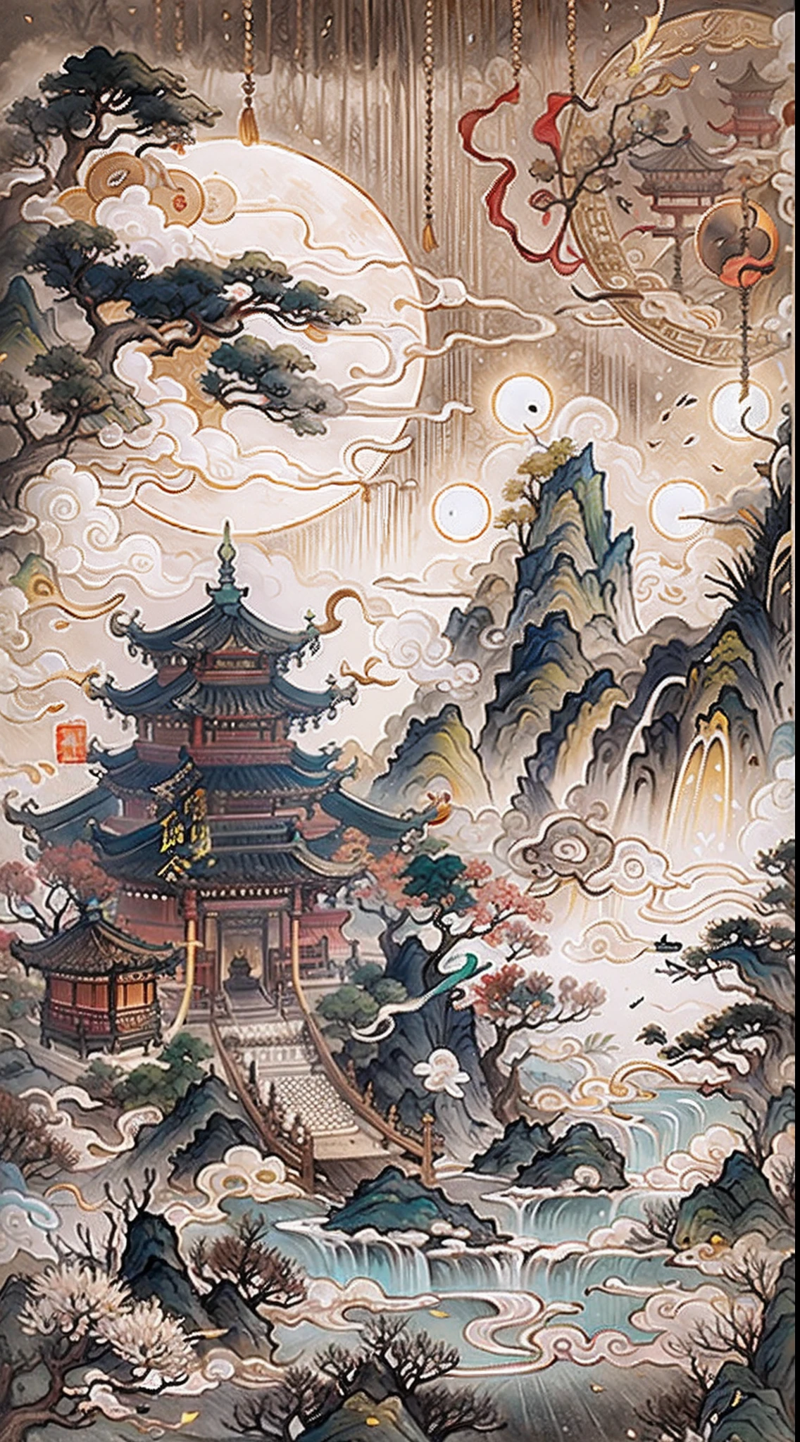 An ancient Chinese painting， ancient chinese background， mountain ranges， rios， Auspicious clouds， Pavilions， Huge Full Moon， tmasterpiece， super detailing， Epic composition， hyper HD， high qulity， extremely detaile， offcial art， 统一 8k 壁纸， super detailing， 32k -- v 6