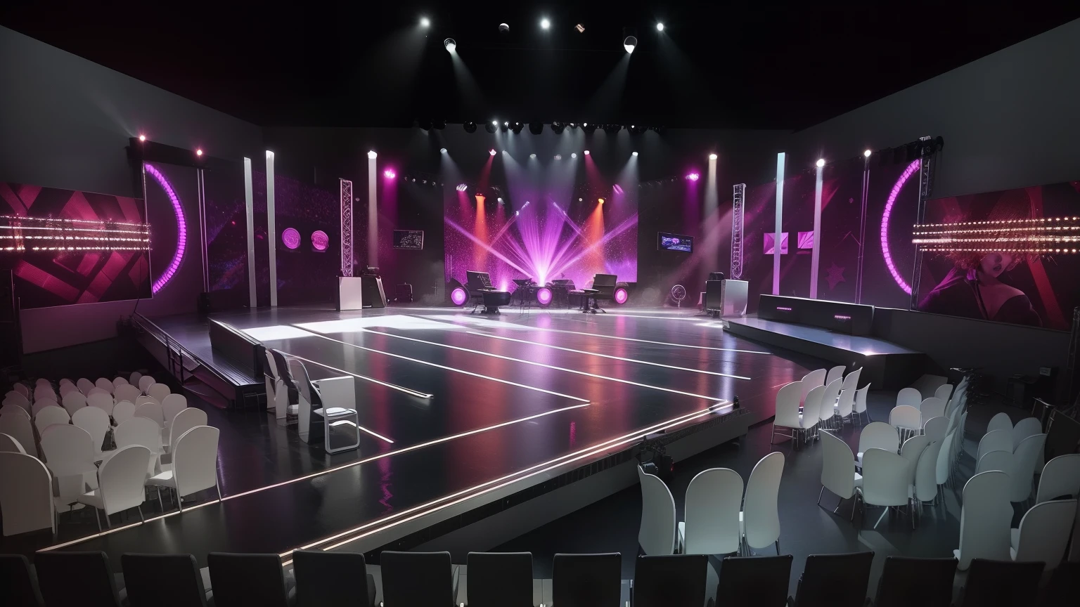 "Vibrant television stage with dynamic lighting, for musical performance."