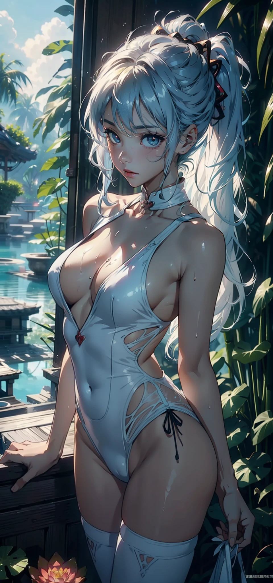 1 female，3 years old，bit girl，Small loli，huge-breasted，Pornographic exposure， 独奏，（Background with：bamboo forrest，lotuses，lotus flower，exteriors，Lotus pond） She has short blue and white hair，Qi bangs，Doll head，Station，Sweat profusely，drenched all over the body，，seen from the front， hair straight， mostly cloudy sky，（（（tmasterpiece），（Very detailed CG unity 8K wallpaper），best qualtiy，cinmatic lighting，detailed back ground，beatiful detailed eyes，Bright pupils，Black eyes，（Very fine and beautiful），（Beautiful and detailed eye description），ultra - detailed，tmasterpiece，）），facing at camera，A high resolution，ultra - detailed），revealing breasts，Bare genitalia，  Bulge，legs are open，Raised sexy，Camel toes，Flushed complexion，Open-mouthed，frontage，elementary student（Wearing：Evangelion Rei Ayanami suit，nakeness）