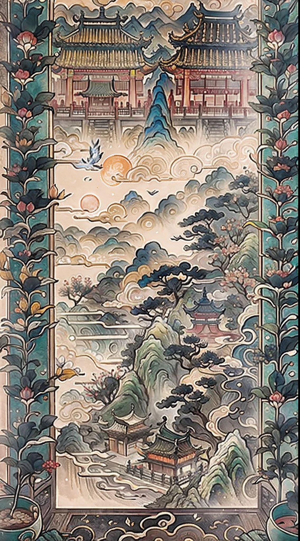 An ancient Chinese painting, ancient chinese background, mountain ranges, rios, Auspicious clouds, Pavilions, Huge Full Moon, tmasterpiece, super detailing, Epic composition, hyper HD, high qulity, extremely detaile, offcial art, 统一 8k 壁纸, super detailing, 32k -- v 6