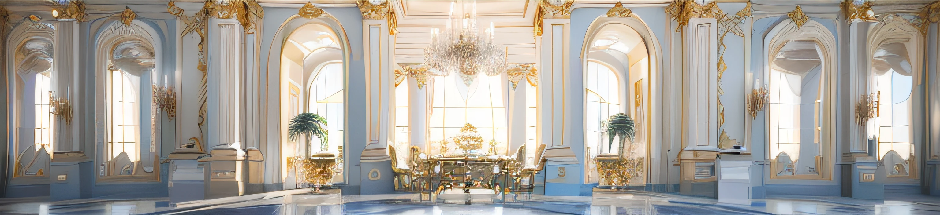 hotel lobby, side view, cartoon style, background scene, 2d game asset, 2d illustration, flat illustration, mobile game background, 2d game background, cartoon illustration, vector, puzzle-like pieces, cartoon violence, soft gradients, ferrania p30, pixel perfect, baroque marble and gold in space, elegant and refined, luxurious environment, elegant and ornate, gold and luxury materials, ornate and elegant, extremely opulent, opulence, ornate and flowing, opulent, magnificent design, luxury furniture, royal interior, luxury and elite, high-class ceramic brick masonry, Insufficient balance