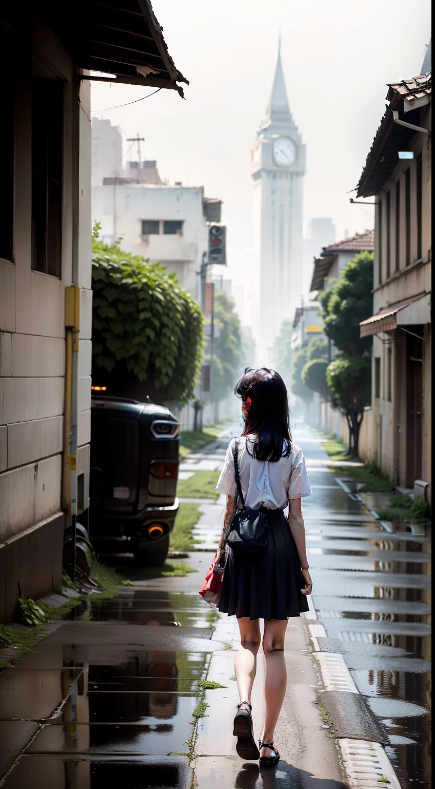 Latter-day world，Hazy weather，Noon time，The city is dilapidated，The walls are covered with plants，There were many damaged cars on the road, and a young girl was standing on the road dressed in white