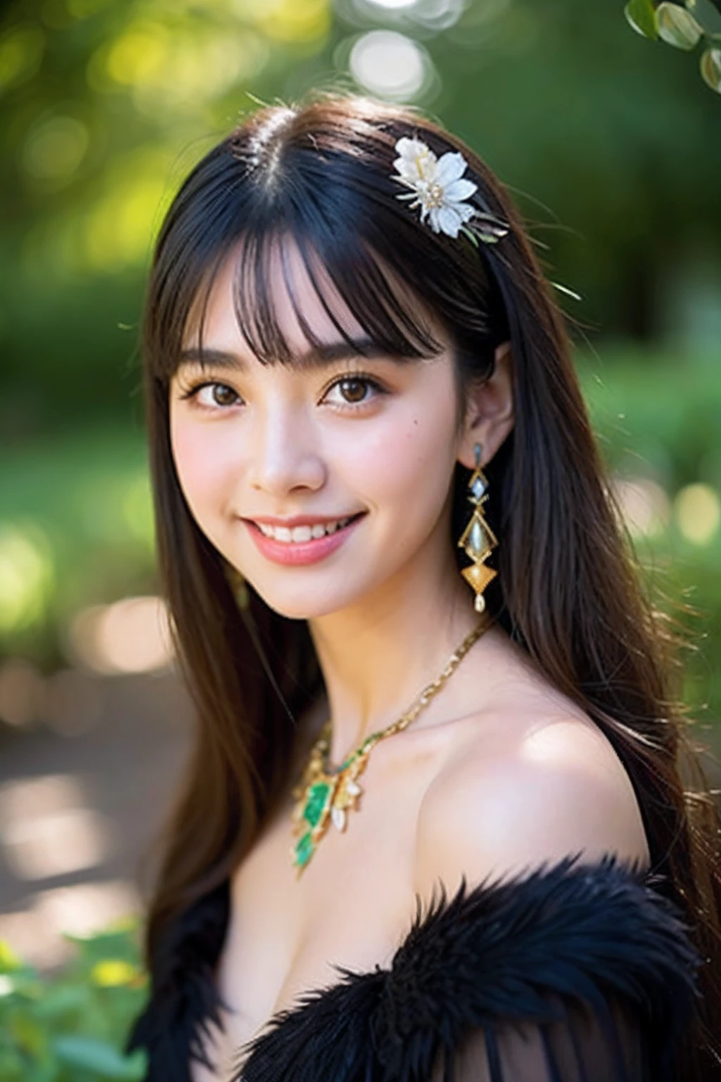 dark themed、(top-quality、masterpiece:1.2)、18 year old girl in the garden、Earrings of bird feathers up to the shoulders、a necklace、a smile、Black cleavage dress、(Cream walls:1.3)hippy、