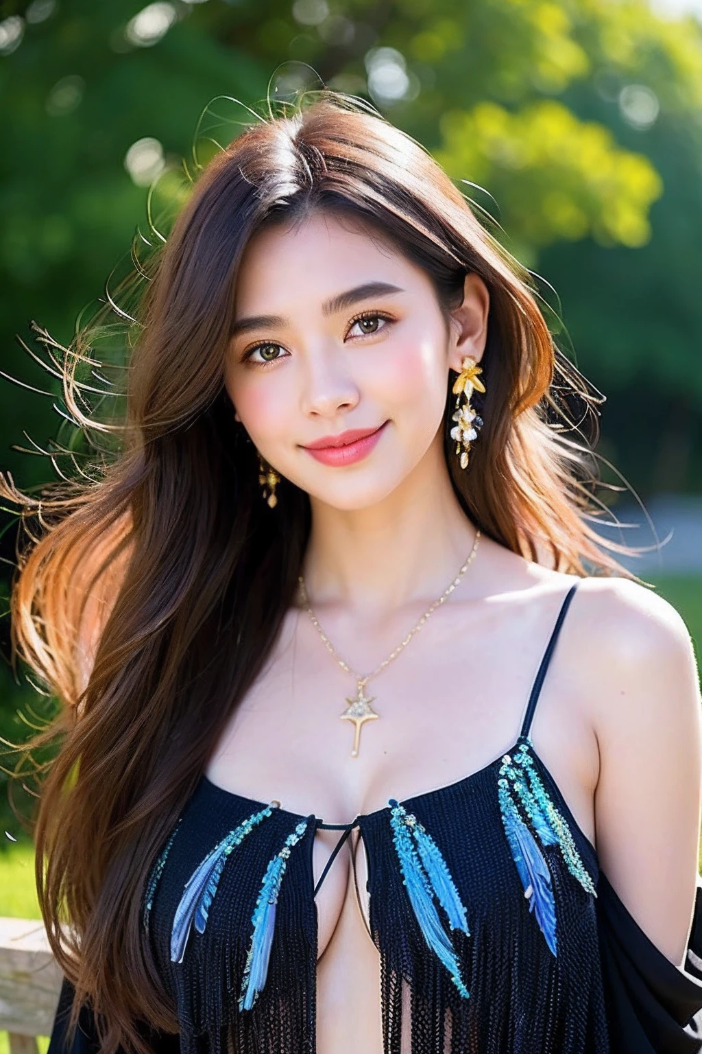 dark themed、(top-quality、masterpiece:1.2)、18 year old girl in the garden、Earrings of bird feathers up to the shoulders、a necklace、a smile、Black cleavage dress、(Cream walls:1.3)hippy、