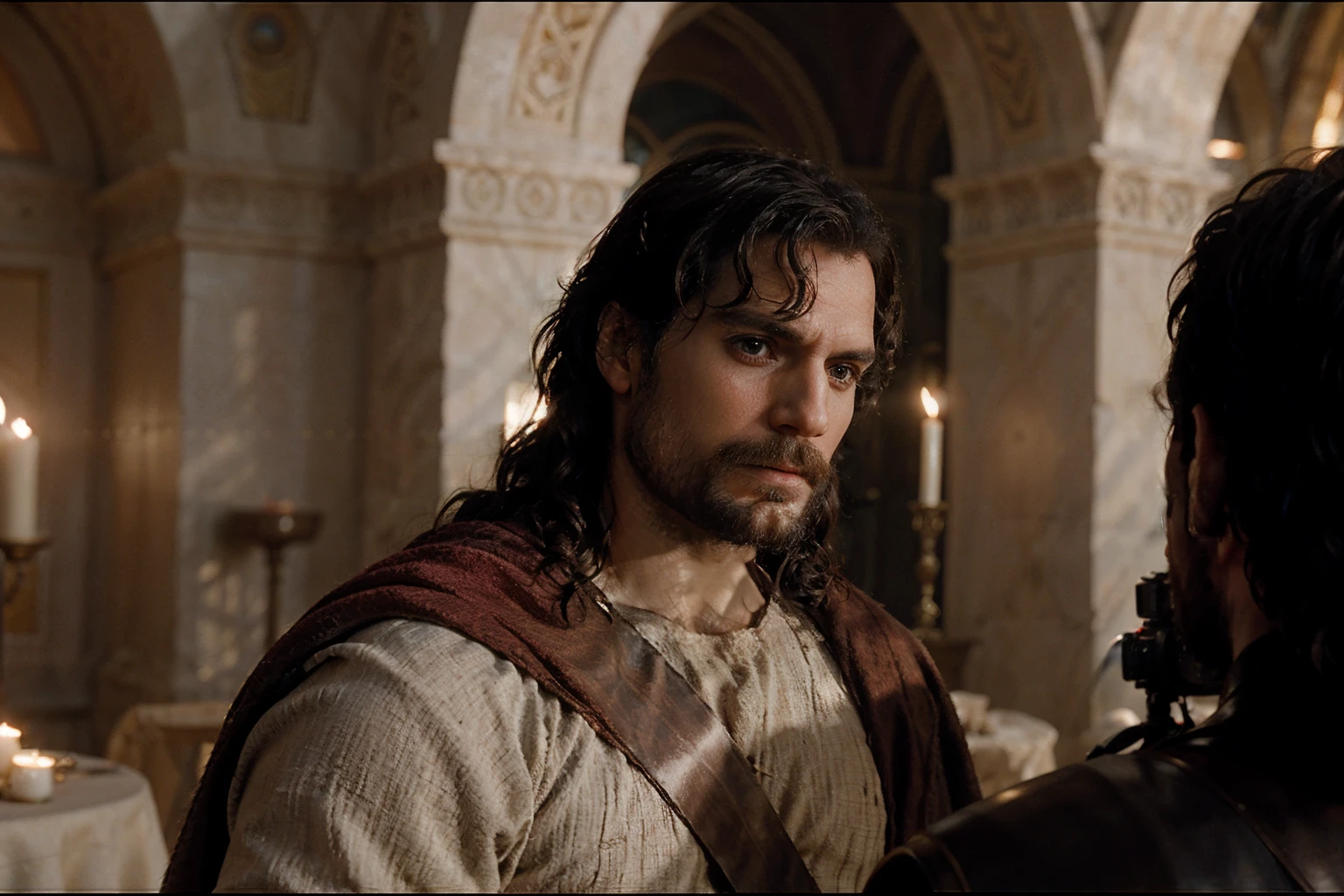 Photograph of a HENRYCAVILL PERSON as a Jesus Christ in the movie Passion of the Christ, warm atmosphere, Captured by Panavision Panaflex Platinum Camera with Panavision Primo Primes Spherical Lens 50mm T1.9