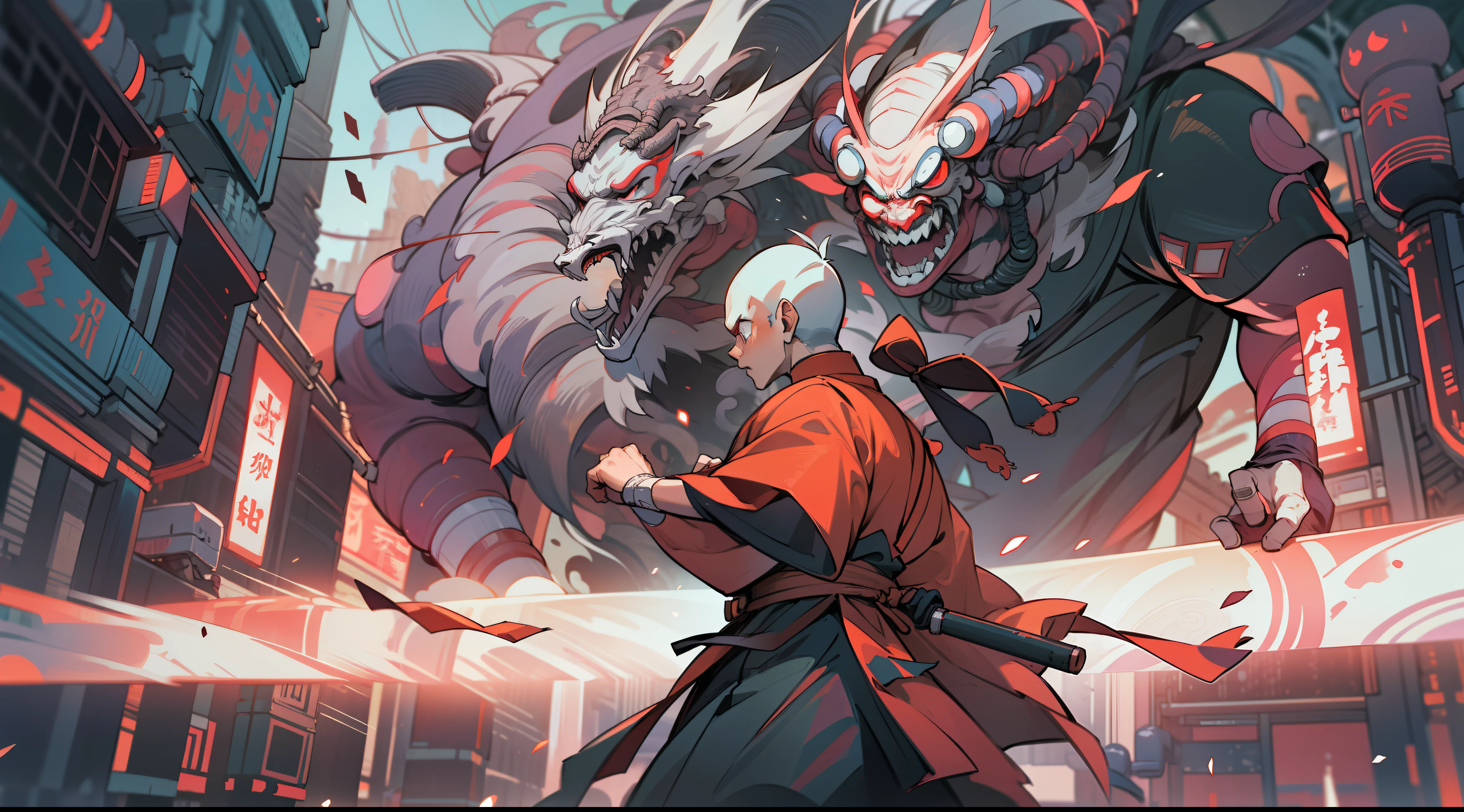 A traditional Chinese monk man is in a fighting stance waiting to be attacked by his enemies, he is surrounded by enemies, he is in a futuristic Chinese cyberpunk city, dusk, bright lights, dynamic composition, volumetric lights, ultra definition, ultra resolution, masterpiece, intricate details, wide angle camera