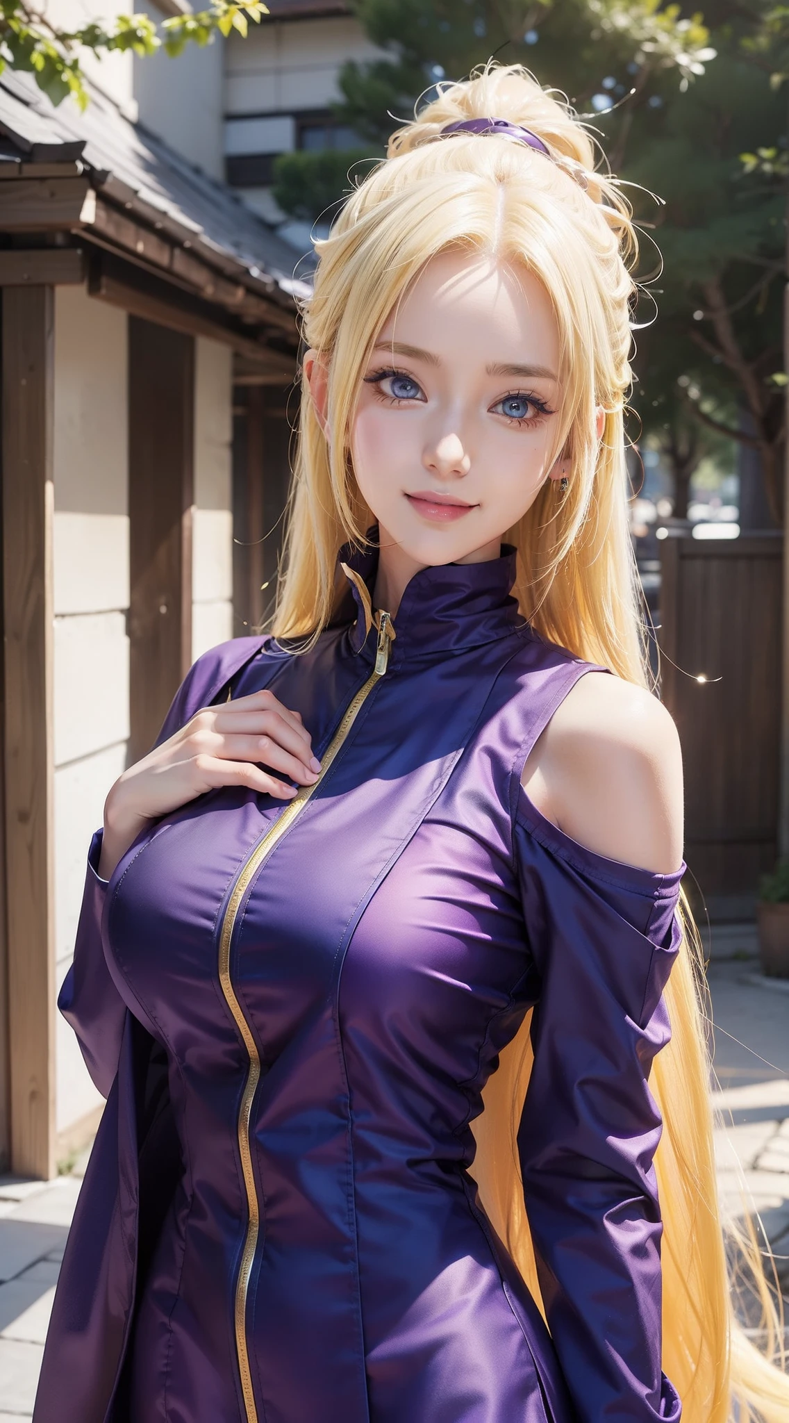 1girl, ino yamanaka in anime naruto, long hair, yellow hair, blue eyes, smile, beautiful, sexy dress, sexy clothes, purple clothes, very big breast, realistic clothes, detail clothes, outdoor background, ultra detail, realistic