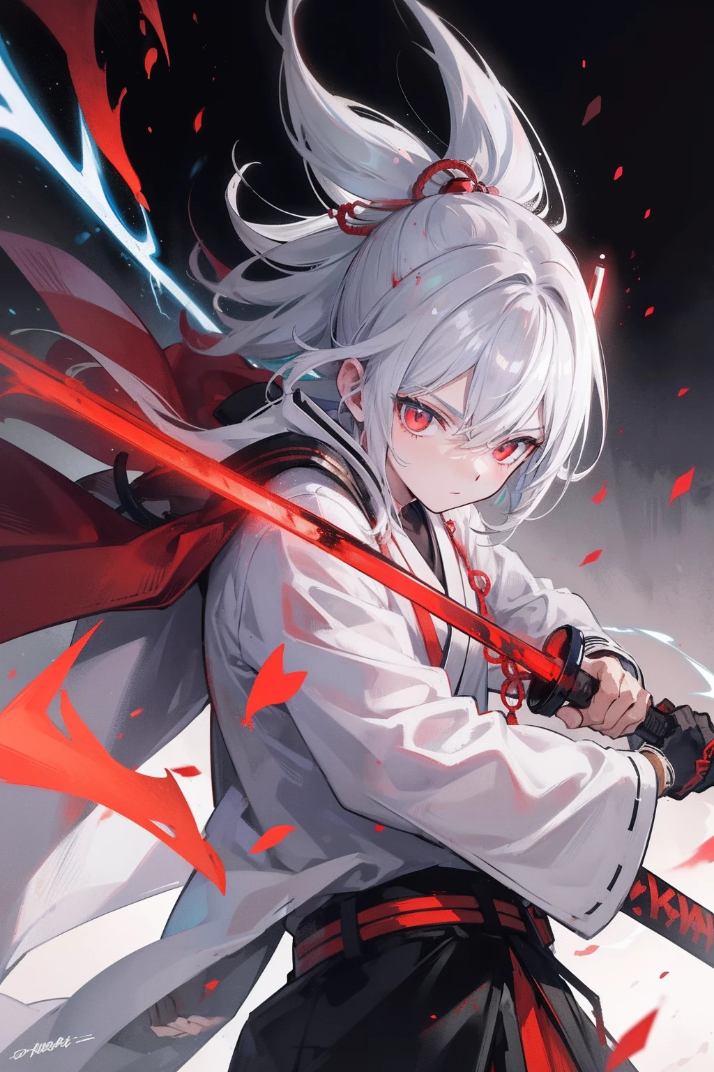 2boys，cabelos preto e longos，Red-eyed teenage man，Stand on an empty street at night，extreme hight detail，White jacket，Black Hakama，Aoba Ori，Holding a huge blood-colored weapon in one hand，A Japanese style，Intimidating，Engulfed in flames、Sword，wall-paper，CG compositing，Japan best swordsman、action、Glowing eerily with lightning、worn-out