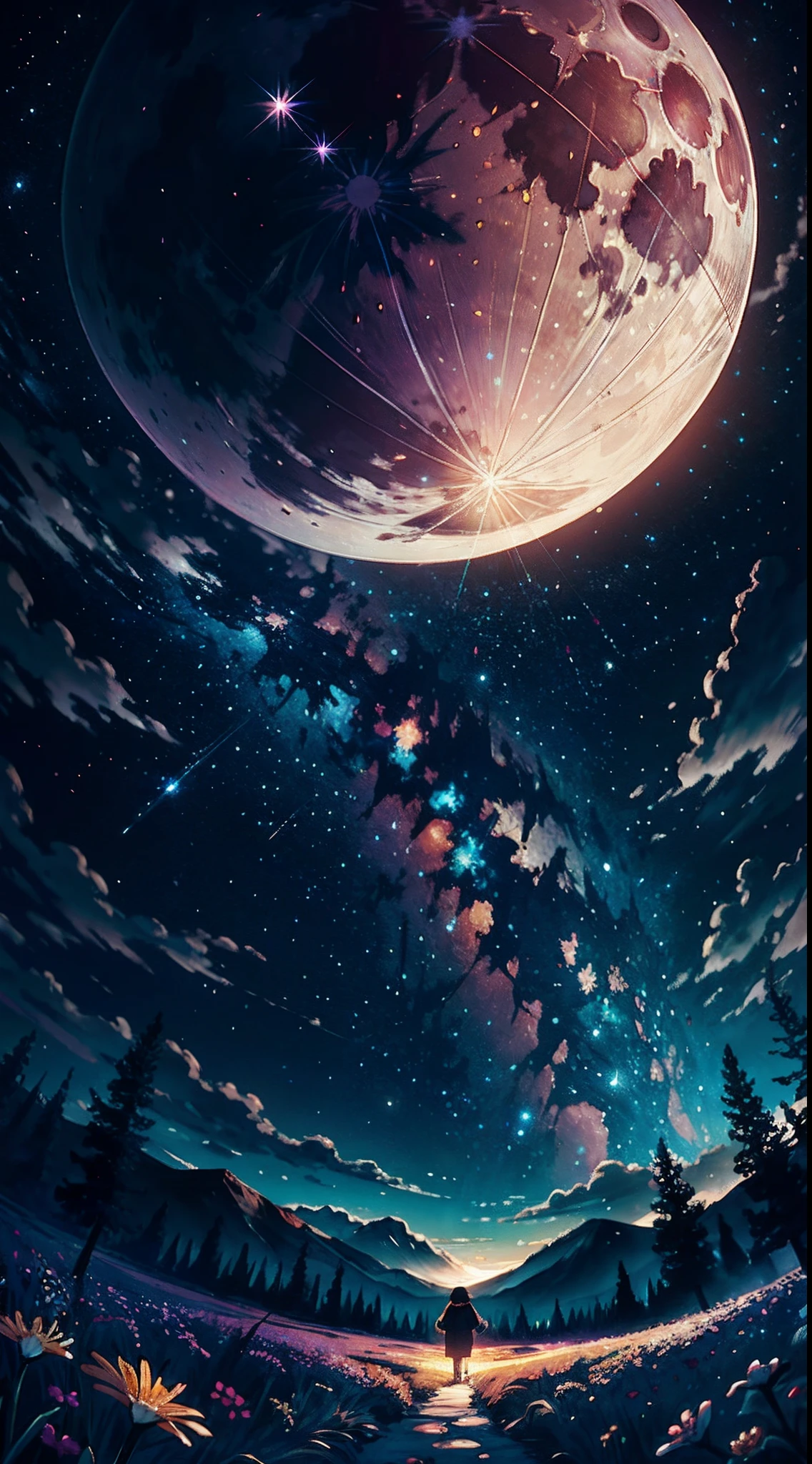 Expansive landscape photograph, (view from below with a view of the sky and the wilderness below), little girl standing in a flower field looking up, (full moon: 1.2), (shooting star: 0.9), (nebula: 1.3), distant mountain, tree break production art, (warm light source: 1.2), (firefly: 1.2), lamp, purple and orange, intricate detail, volume lighting BREAK (masterpiece: 1.2), (highest quality ), 4k, ultra-detailed, (dynamic configuration: 1.4), highly detailed and colorful details (iridescent: 1.2), (sparkling lighting, atmospheric lighting), dreamy, magical, (solo: 1.2)
