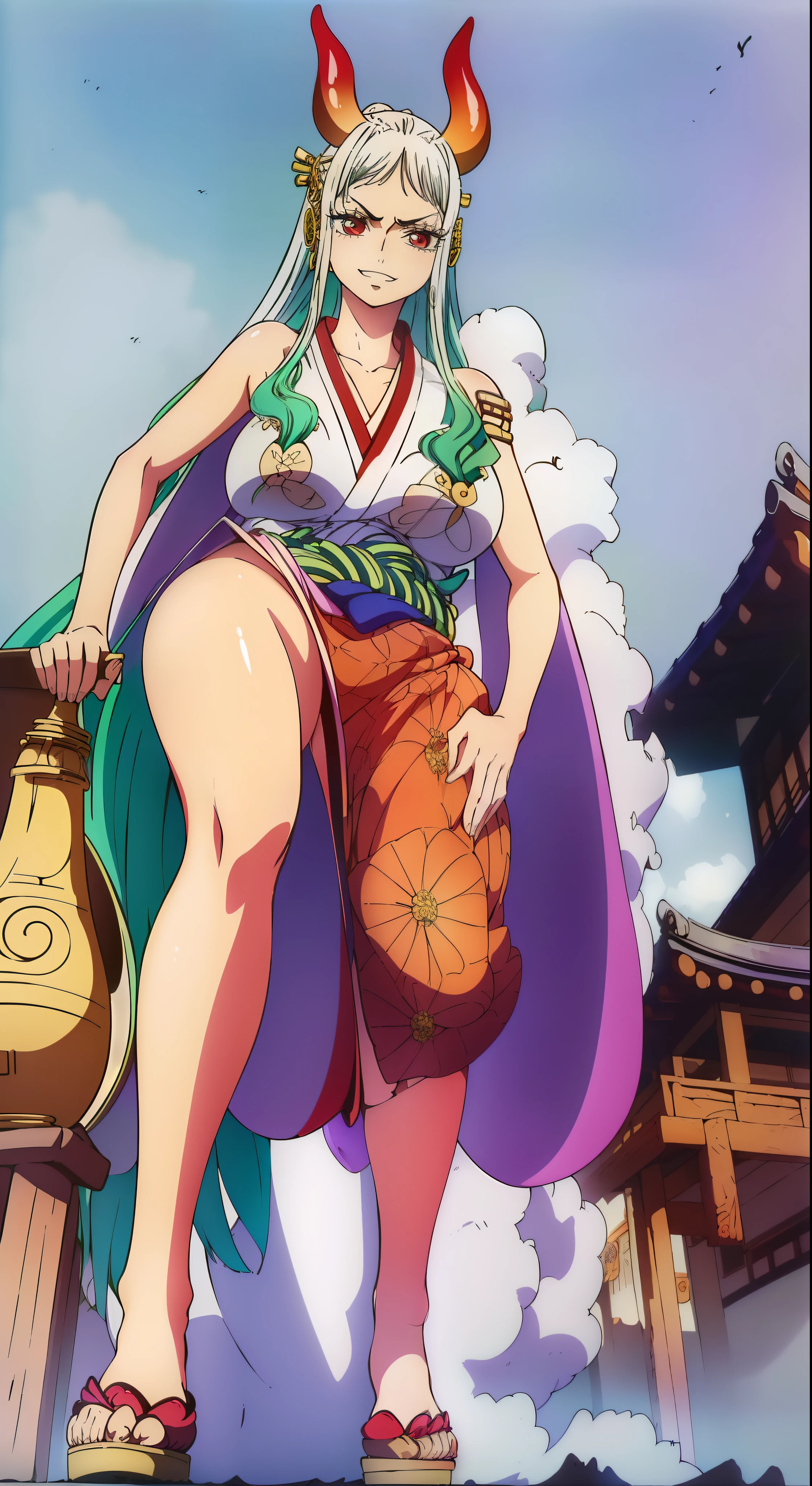 (masutepiece:1.3, Best Quality), (finely detailed beautiful eye: 1.5), ((1girl in)), ((Height 160m:1.2)), Bigger than the original, Females are larger than wanokuni, ((der riese:1.2)), ((Looking away)), (japanese architecture), (Red Eyes:1.2), (finely detailed eyes and detailed face:1.3), ((grin)), (beautiful and clear background:1.2), (extremely details CG, Ultra-detailed, Best Shadow:1.1), ((depth of fields)), ((megami magazine)), ((Very long full body shot)), Kimono, Large breasts, Bare shoulders, Beautiful concept , (Illustration:1.1), (extremely fine and beautiful:1.1), (perfect detail:1.1), Yamato, One piece, ((Wano Country:1.1)), ((body larger than home))