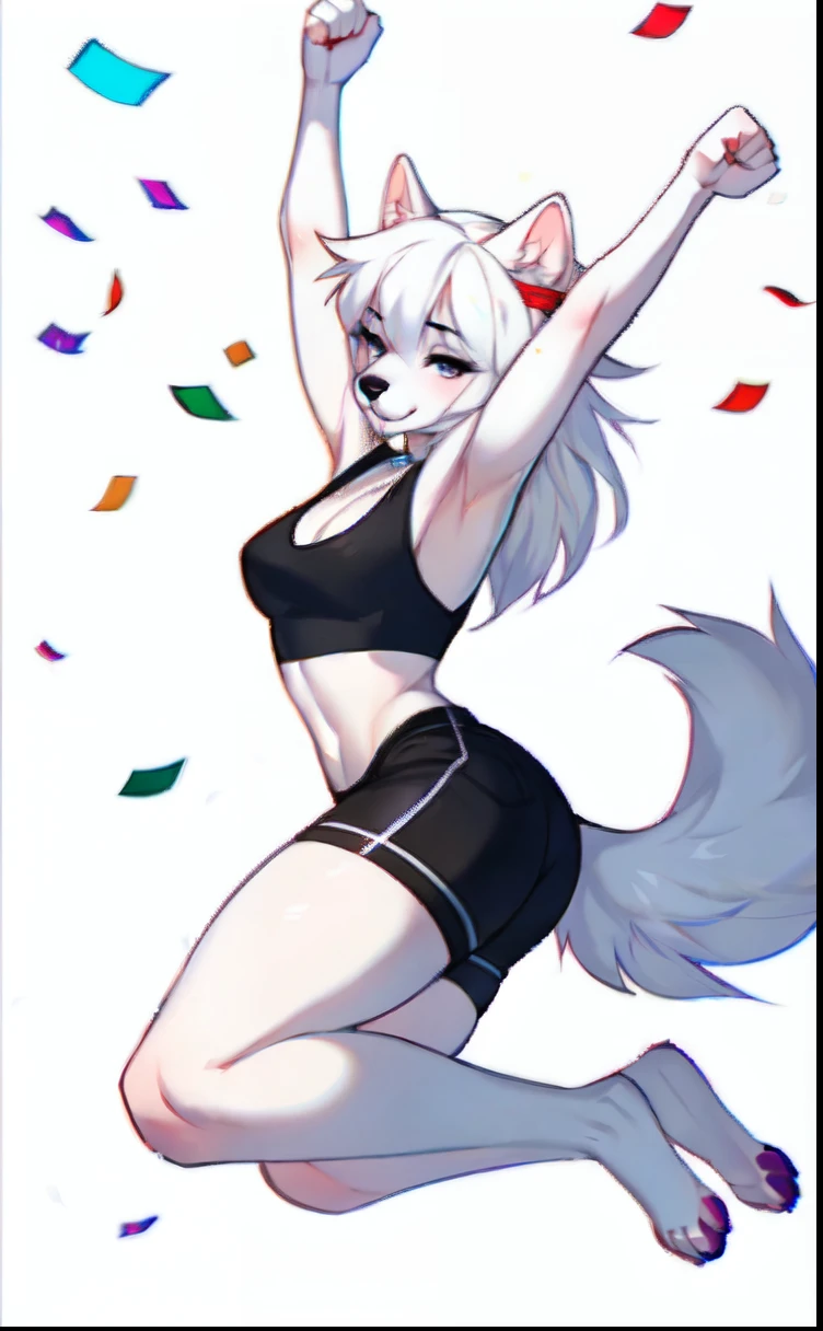 A female furry white wolf, long white hair, closed eyes, sharp focus, black nose, cute snout, white wolf tail, white fluffy ears, medium breasts, by hyattlen, by claweddrip, by fumiko, white background, wearing tank top, black shorts, barefoot, paws, 4 toes, excited, confetti everywhere, jumping, fist in air, clenched fists, high quality, best resolution, good anatomy, good proportions,