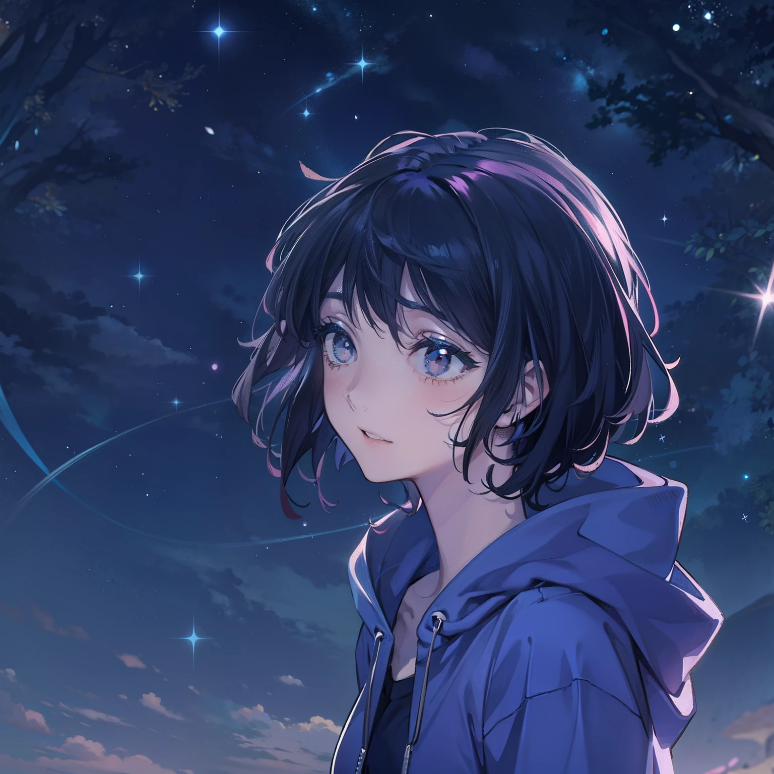 teens girl,Blue clothes,Black eyes,with short black hair,Stand under the stars