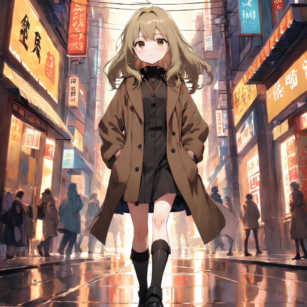 Khaki hair girl in brown coat and black booties。