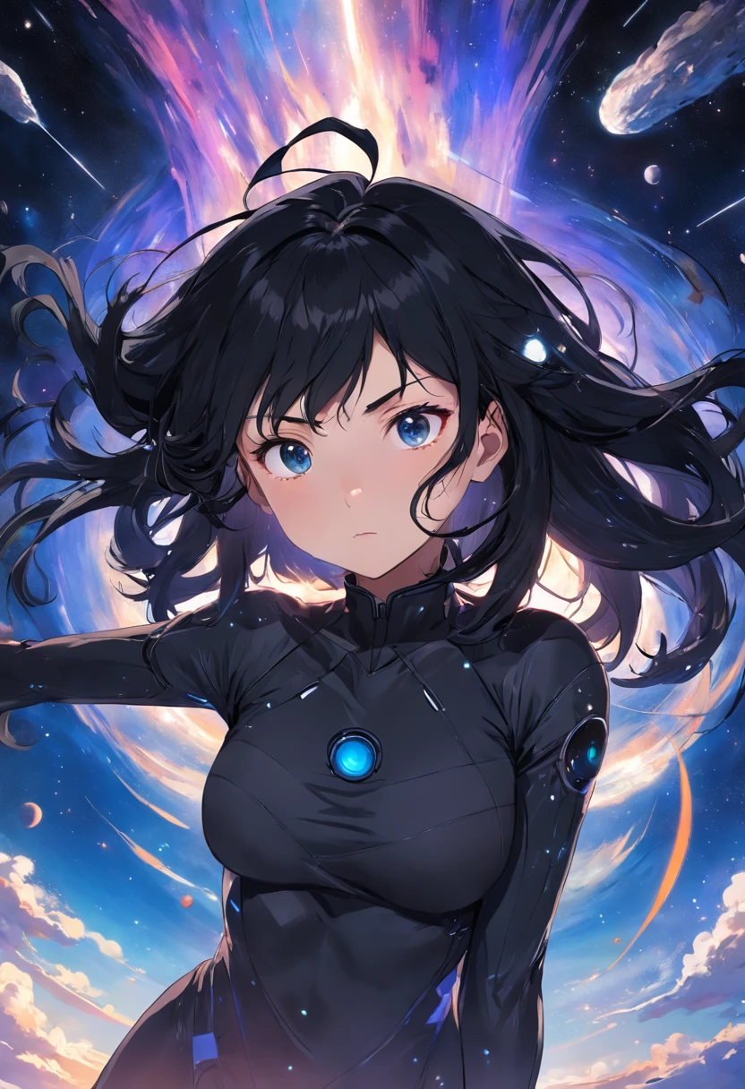 Portrait of a young woman with black hair in zero gravity, Set against the backdrop of the Milky Way and supermassive black holes